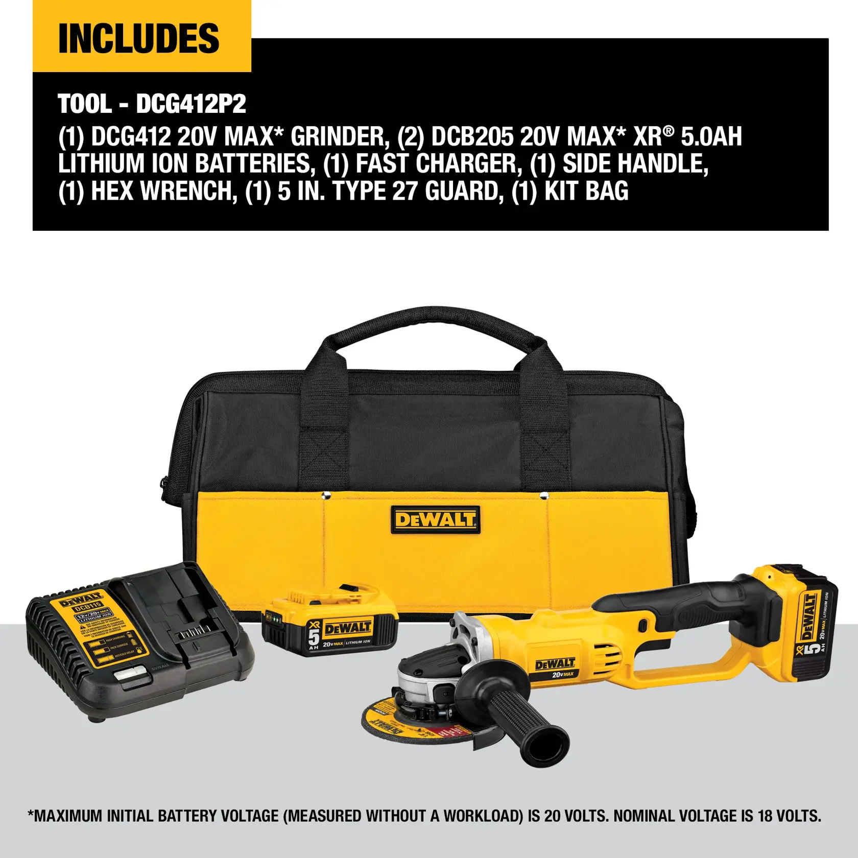 DEWALT® 20V MAX* 4-1/2-in. - 5-in. (114mm - 127mm) Cordless Angle Grinder with (2) 5.0 Ah Batteries and Charger