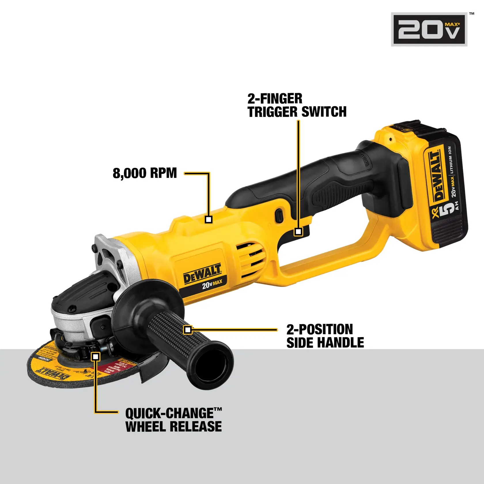 DEWALT® 20V MAX* 4-1/2-in. - 5-in. (114mm - 127mm) Cordless Angle Grinder with (2) 5.0 Ah Batteries and Charger