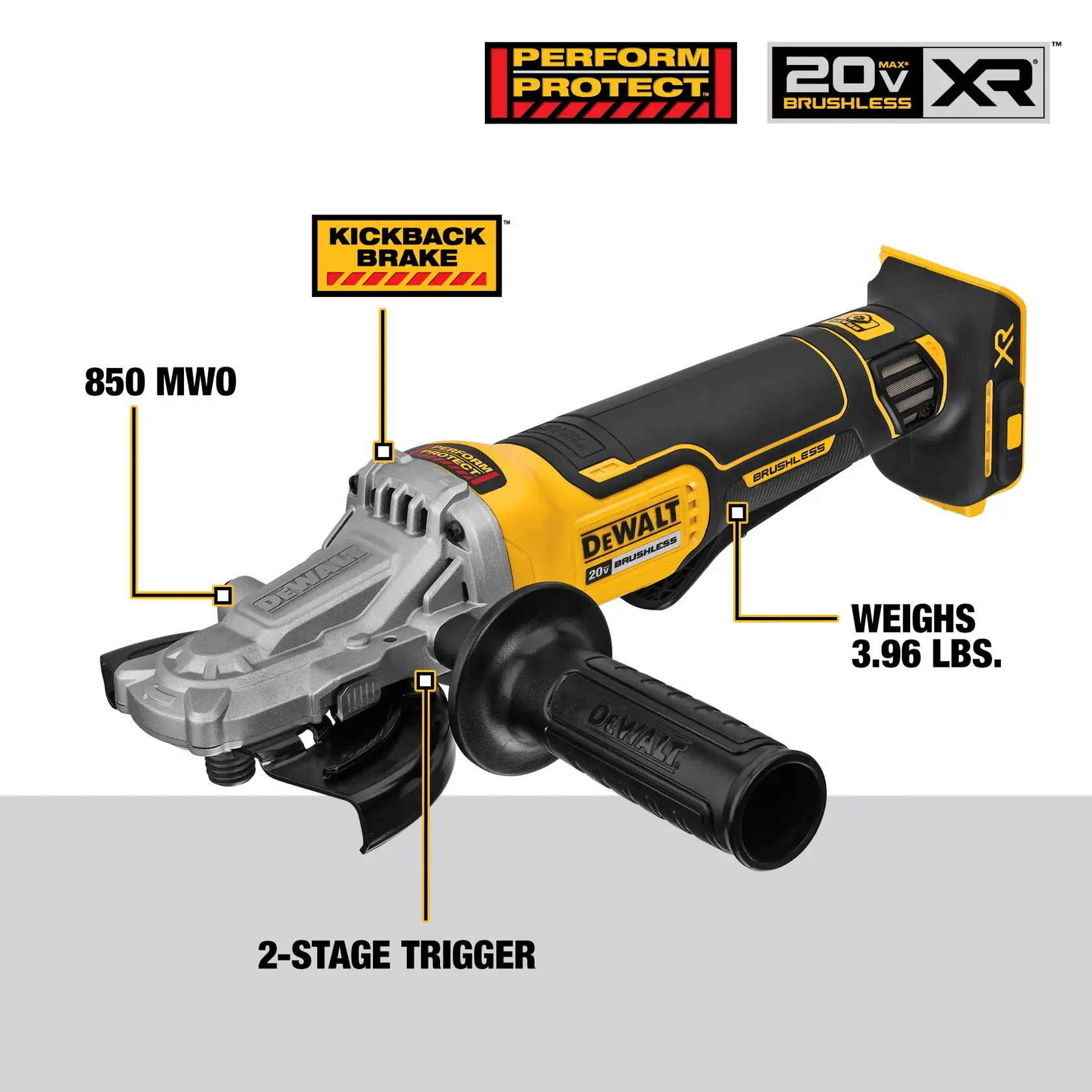 A DEWALT battery and charger are shown inside a large yellow circle with a diagonal line across them, indicating they are not included. Text below reads: 'Battery and charger sold separately.'