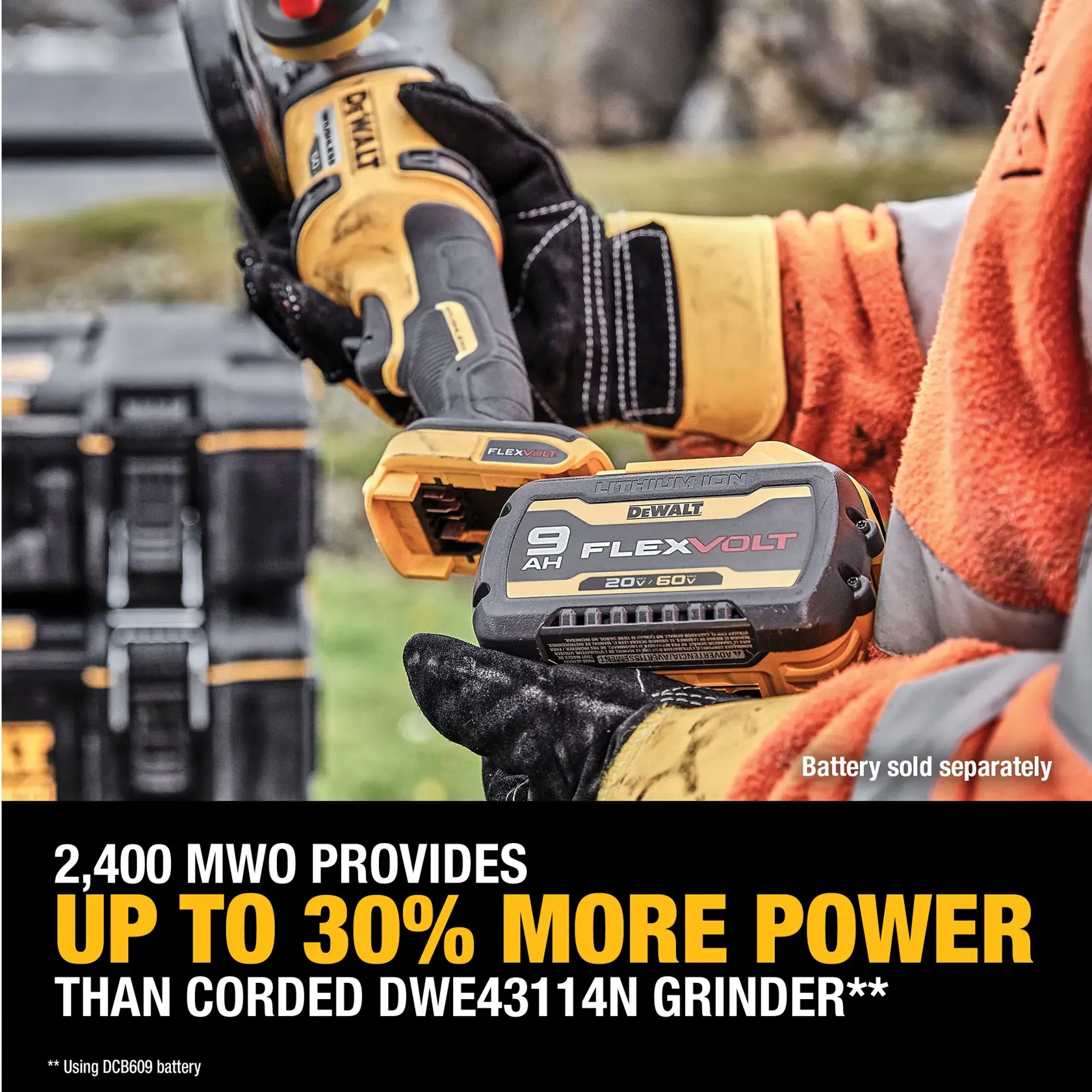 A close-up of a DEWALT FLEXVOLT 9AH lithium-ion battery being held by a person wearing work gloves and an orange jacket. The battery is about to be installed into a DEWALT power tool. The text on the image highlights that the tool provides up to 30% more power than a corded DWE43114N grinder, with the battery sold separately.