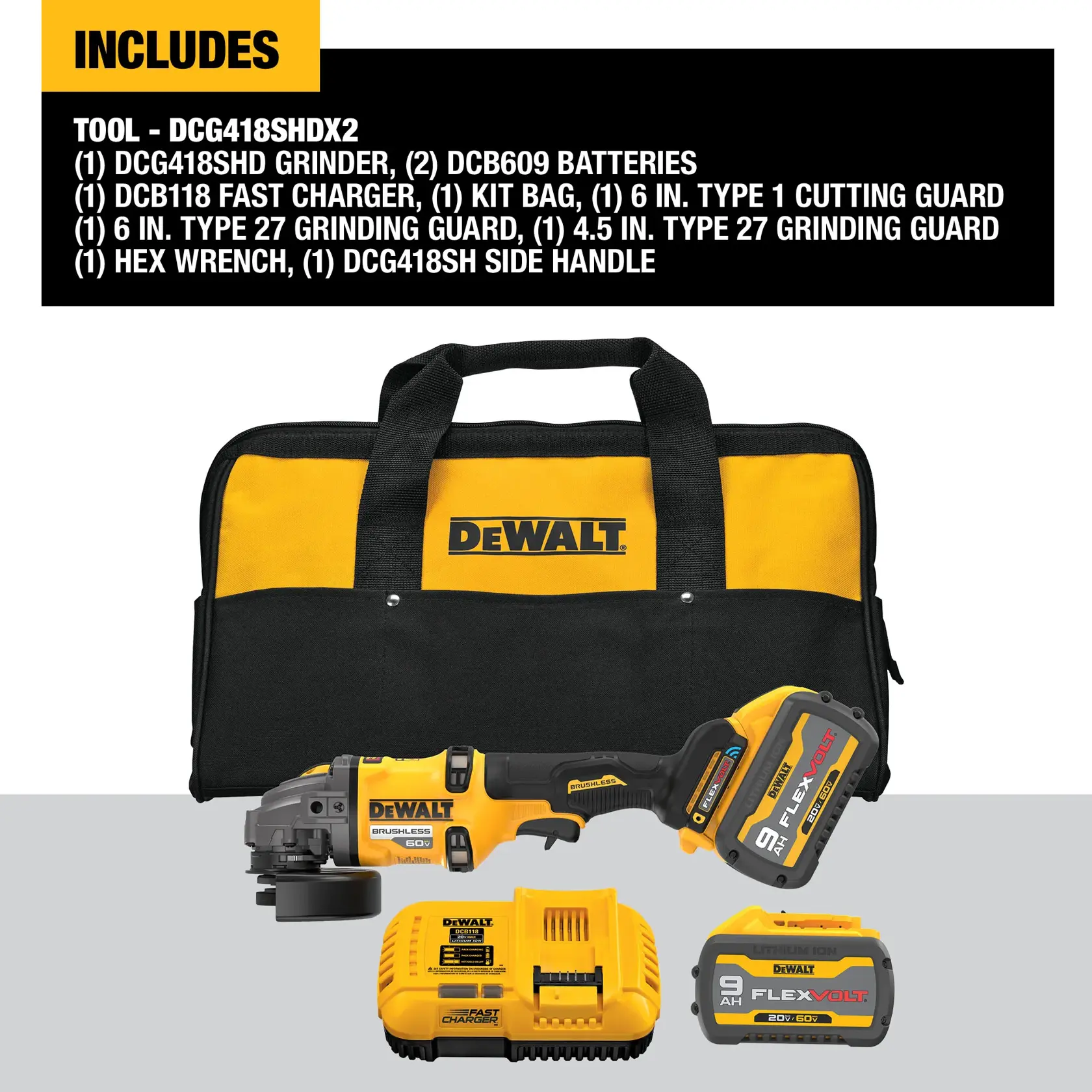 DEWALT 60V MAX* Side-Handle Detect Small Angle Grinder graphicrndetailing what kit includes.