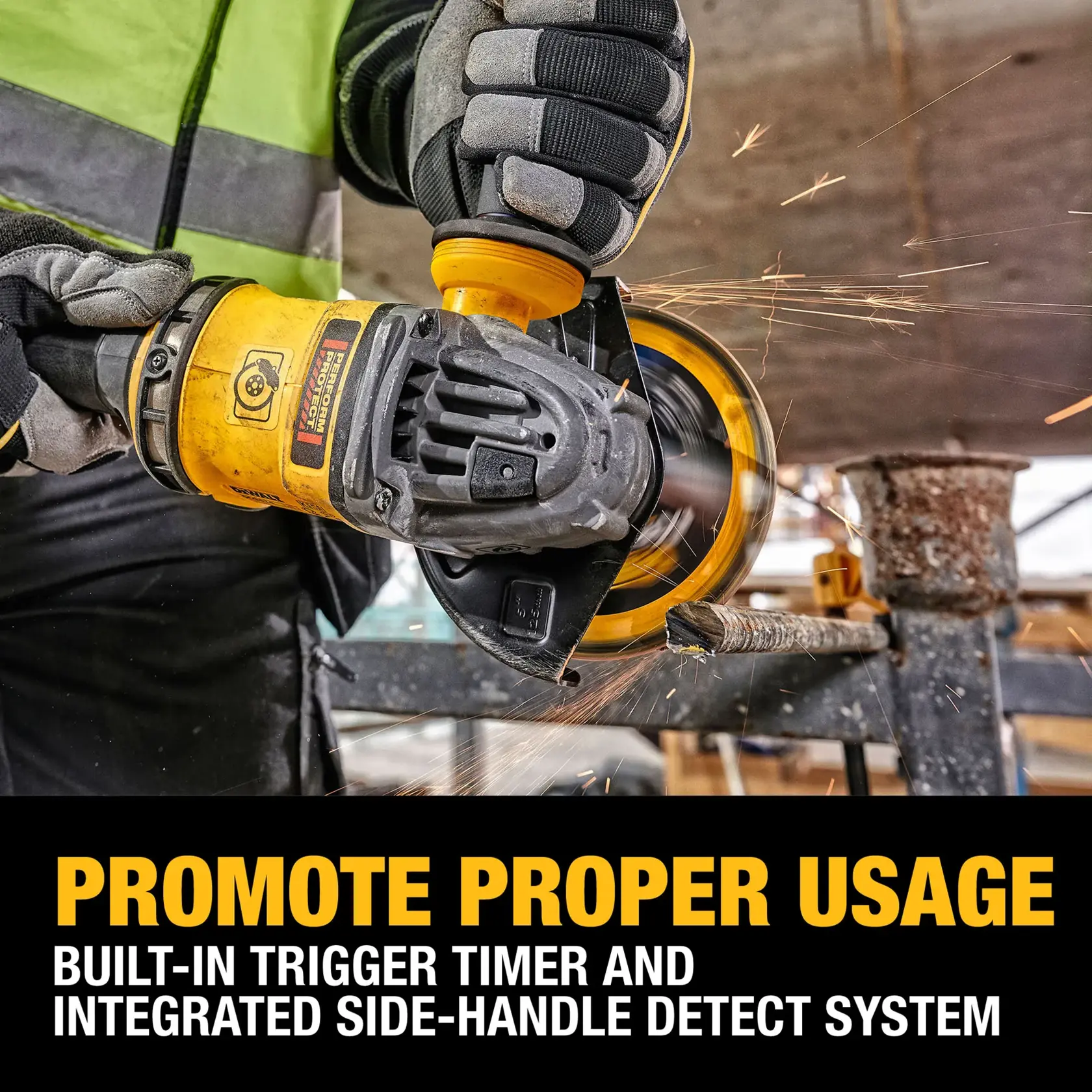 DEWALT 60V MAX* Side-Handle Detect Small Angle Grinder carouselrngraphic highlighting side handle detect system.