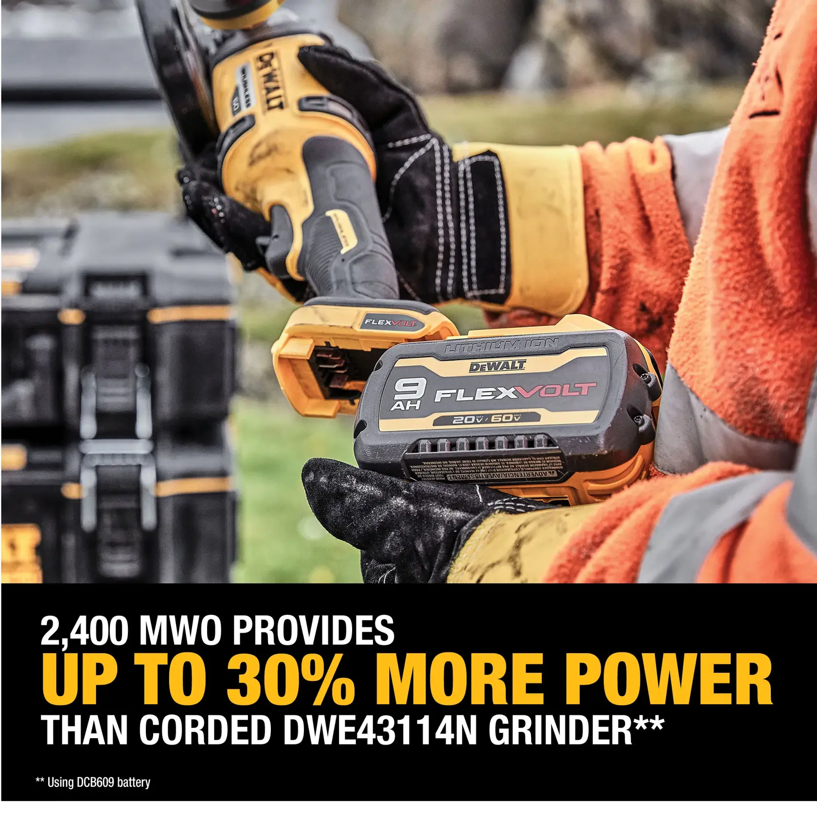 DEWALT 60V MAX* Side-Handle Detect Small Angle Grinder carouselrngraphic highlighting more power claim.