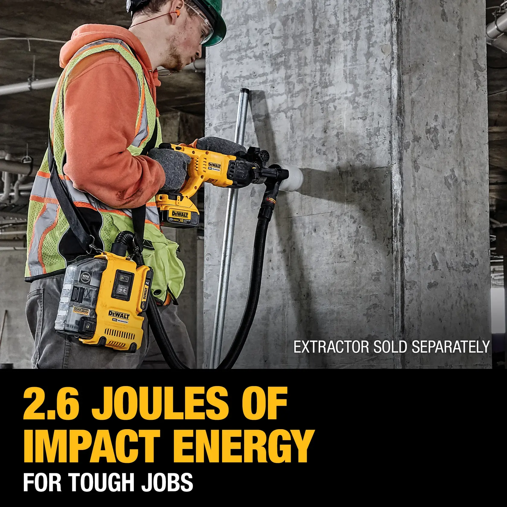 Brushless, cordless SDS PLUS D-Handle rotary hammer being used by a person to make hole in  roof