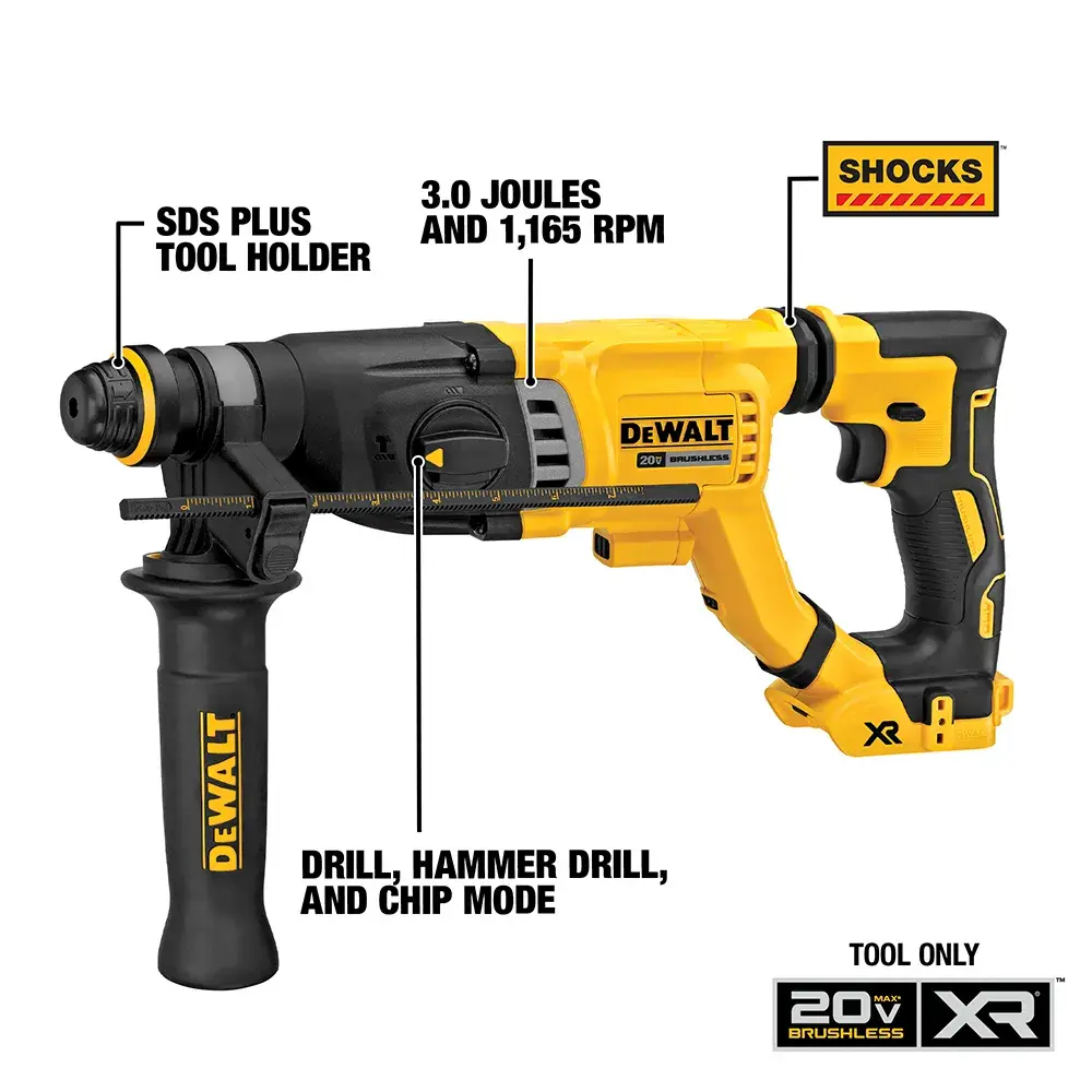 Brushless, cordless SDS PLUS D-Handle rotary hammer being used by a person