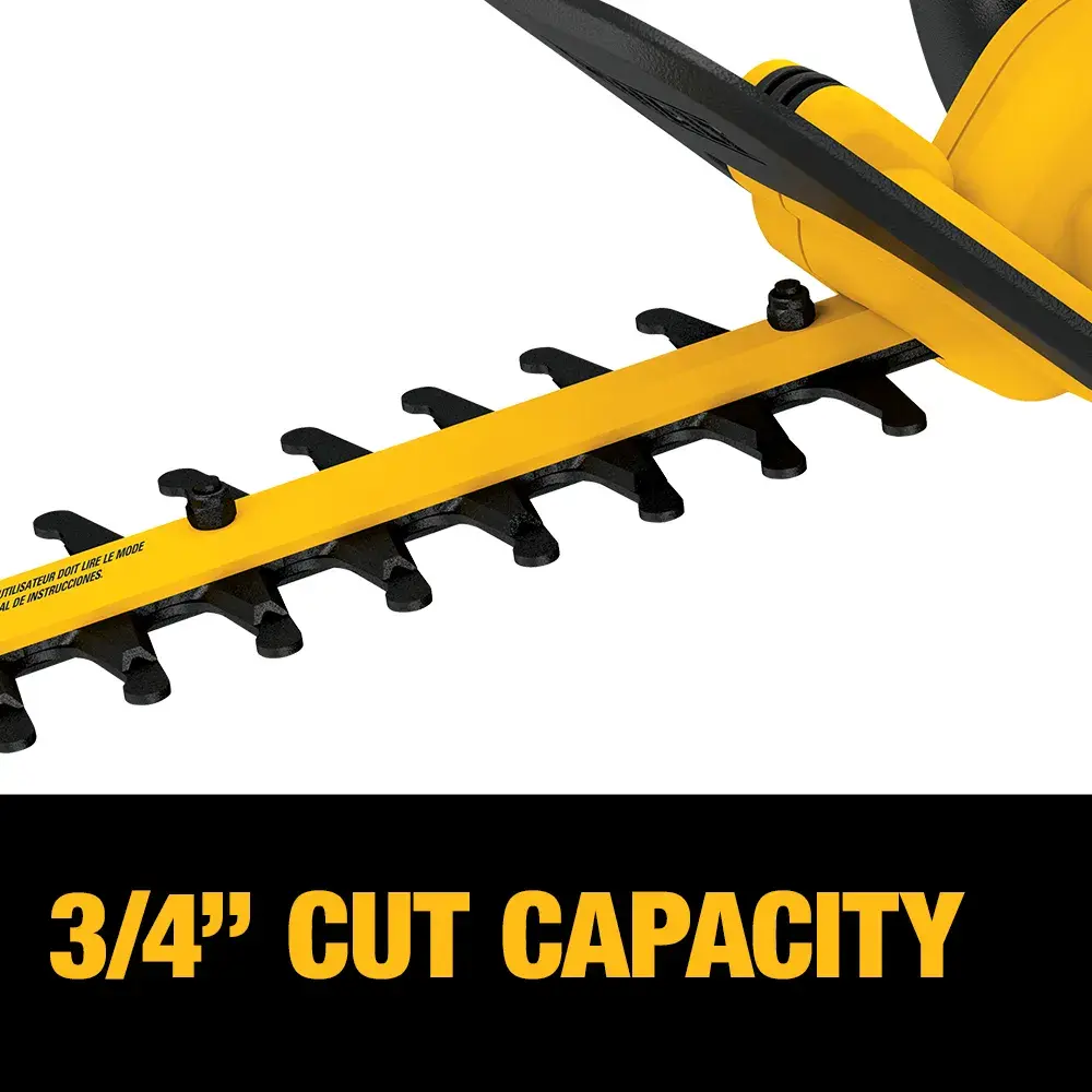 Close-up of a DEWALT hedge trimmer blade showing the cutting teeth. Text below the image reads '3/4" CUT CAPACITY' in yellow letters on a black background.