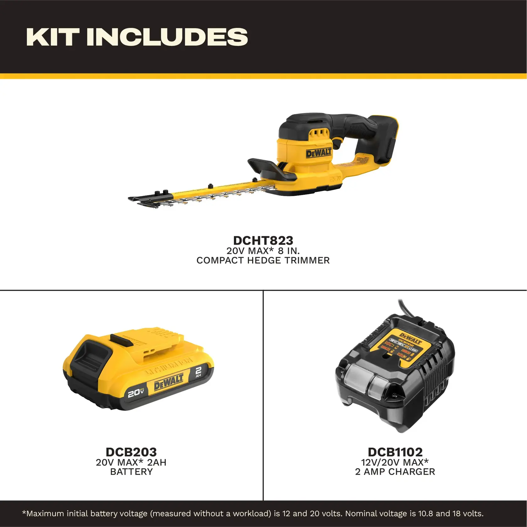 Image showing the contents of the DEWALT DCHT823D1 kit. It includes a 20V MAX 8 inch compact hedge trimmer (DCHT823), a 20V MAX 2AH battery (DCB203), and a 12V/20V MAX 2 amp charger (DCB1102).