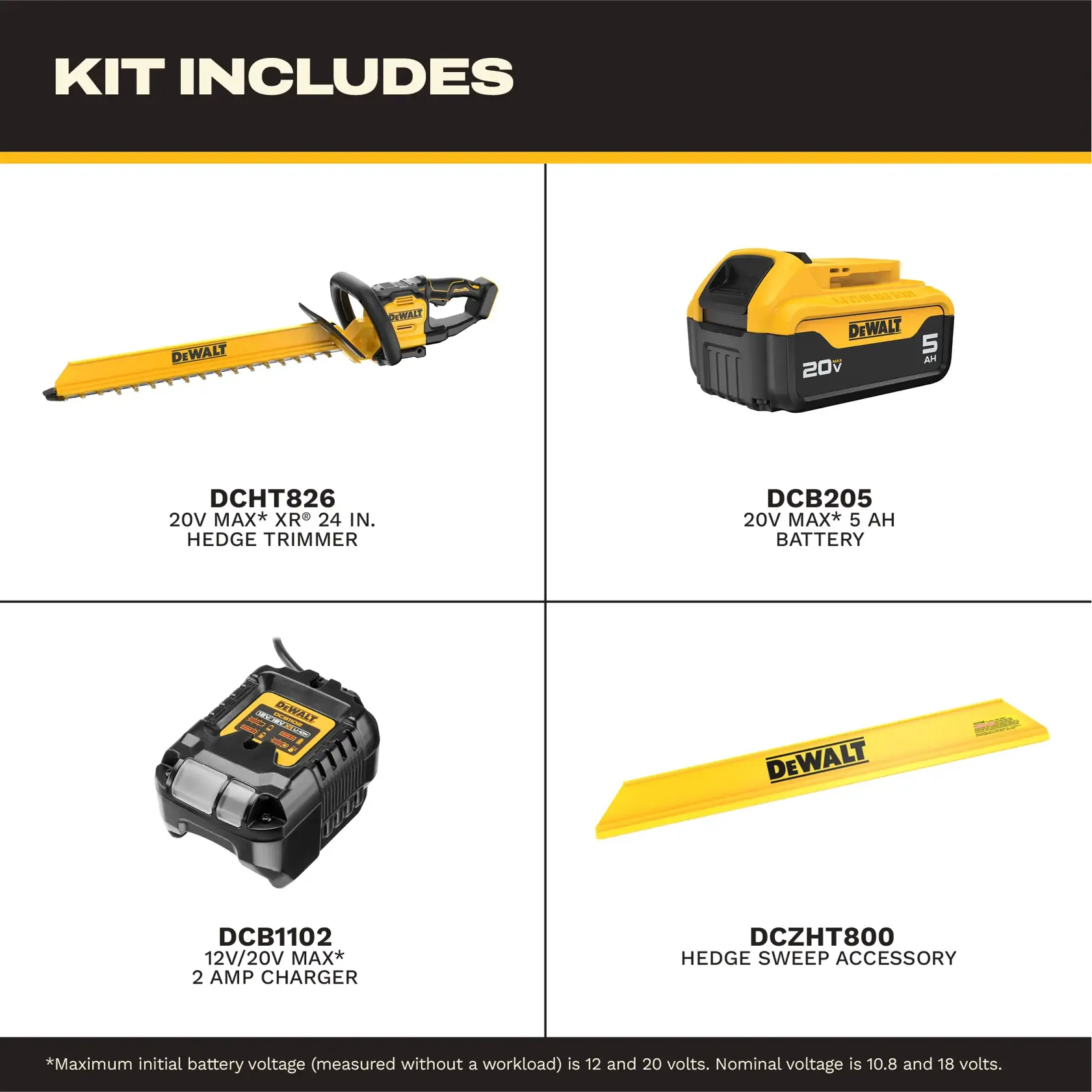 Image showing the contents of a DEWALT kit, including a 20V MAX XR 24 inch hedge trimmer (DCHT826), a 20V MAX 5 Ah battery (DCB205), a 12V/20V MAX 2 amp charger (DCB1102), and a hedge sweep accessory (DCZHT800).