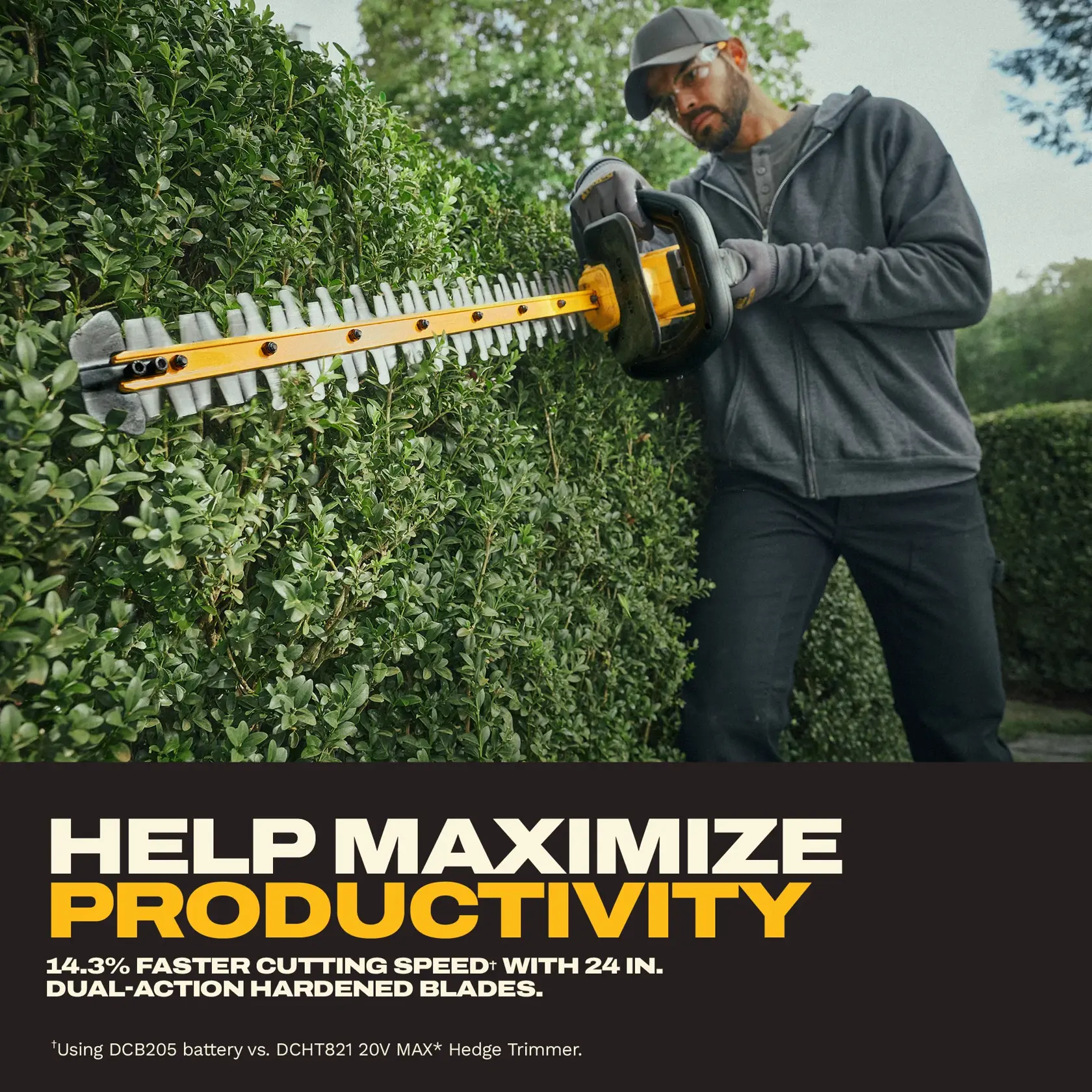 A person using a DEWALT hedge trimmer to cut a well-manicured hedge outdoors. The text highlights maximizing productivity with a 14.3% faster cutting speed using 24-inch dual-action hardened blades. The person’s face is blurred for privacy.