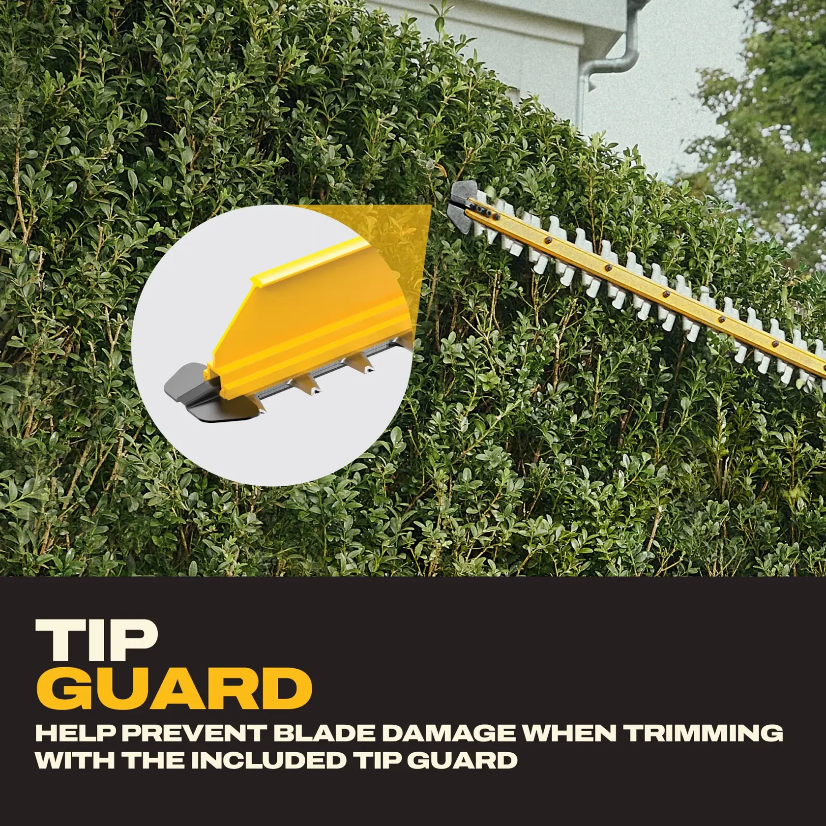 A DEWALT hedge trimmer with a yellow tip guard is shown trimming a hedge. A close-up inset highlights the tip guard attachment, and text below describes that the included tip guard helps prevent blade damage during trimming.
