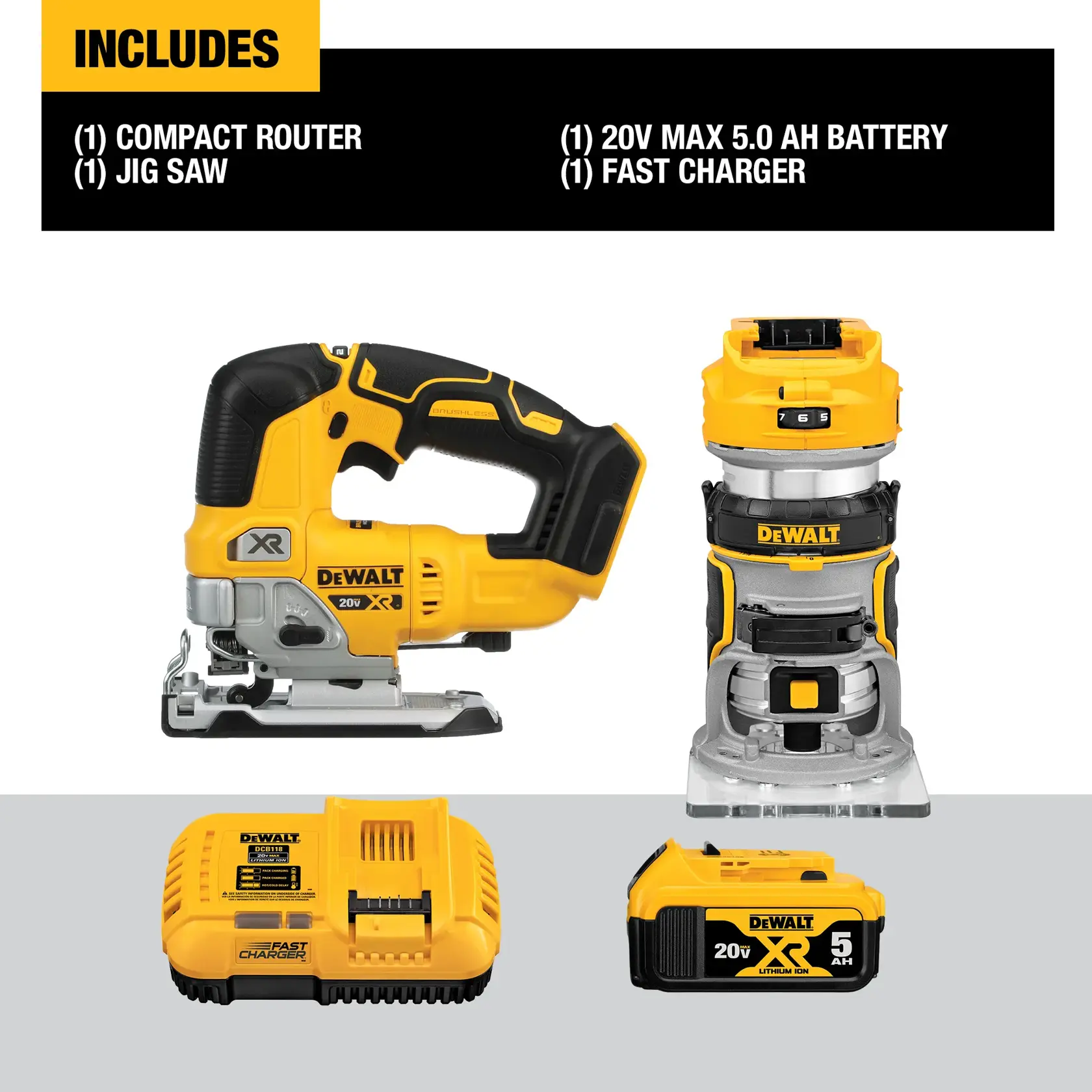DEWALT® 20V MAX* XR® Brushless Cordless Compact Router and Jig Saw Combo Kit
