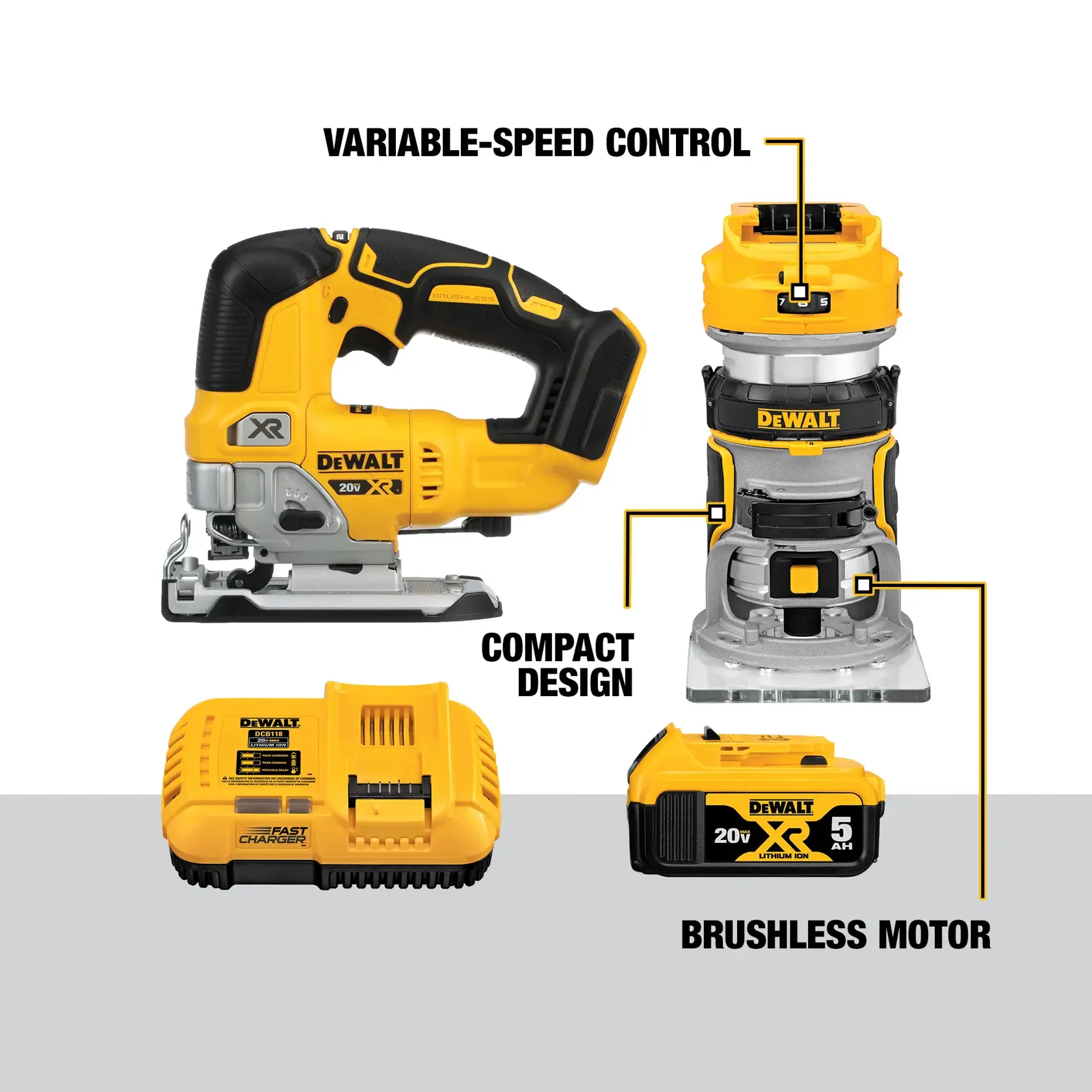 DEWALT® 20V MAX* XR® Brushless Cordless Compact Router and Jig Saw Combo Kit