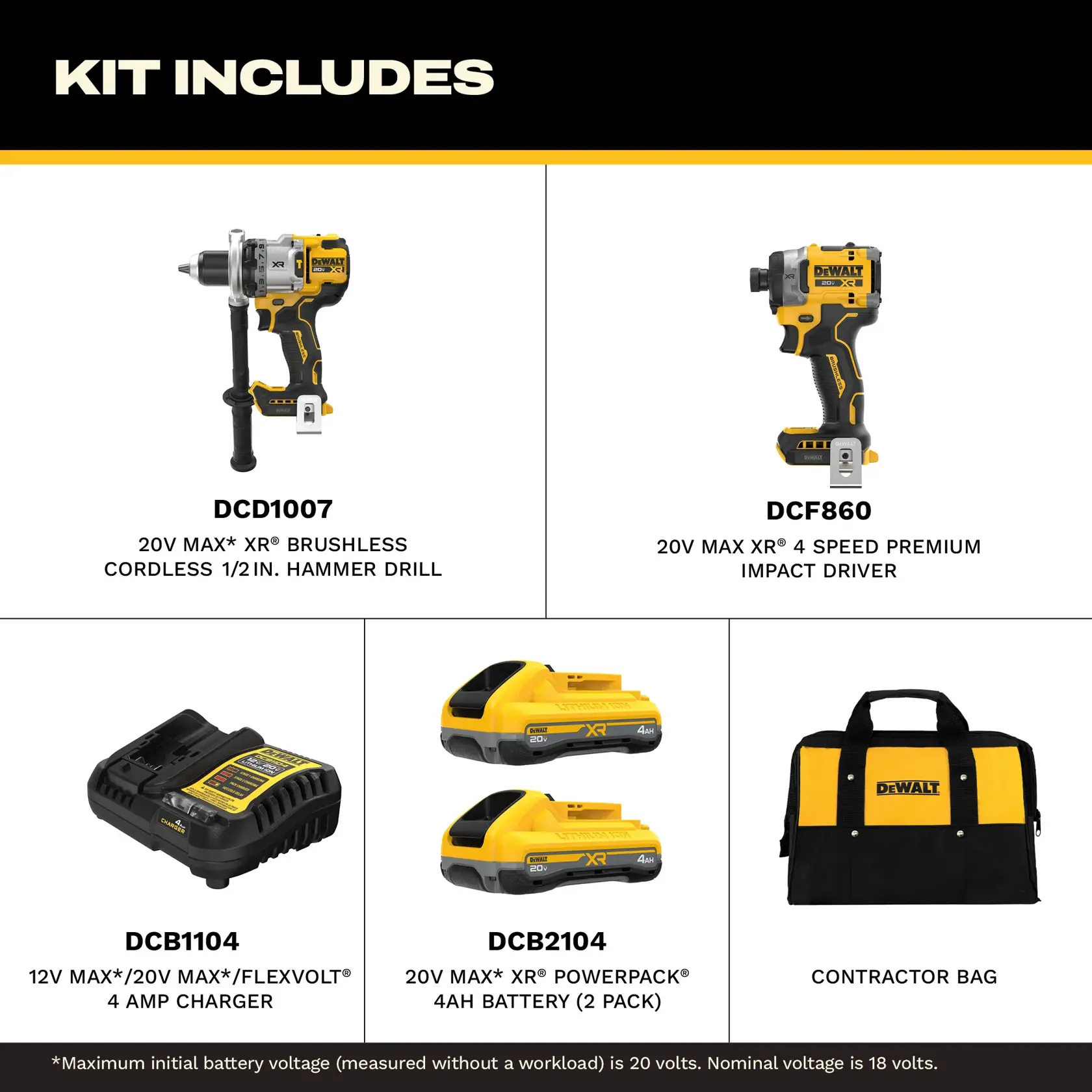A DEWALT tool kit is shown, including a 20V MAX XR brushless cordless 1/2 inch hammer drill (DCD1007), a 20V MAX XR 4-speed premium impact driver (DCF860), a 12V MAX/20V MAX/Flexvolt 4 amp charger (DCB1104), two 20V MAX XR PowerPack 4Ah batteries (DCB2104), and a yellow and black contractor bag.
