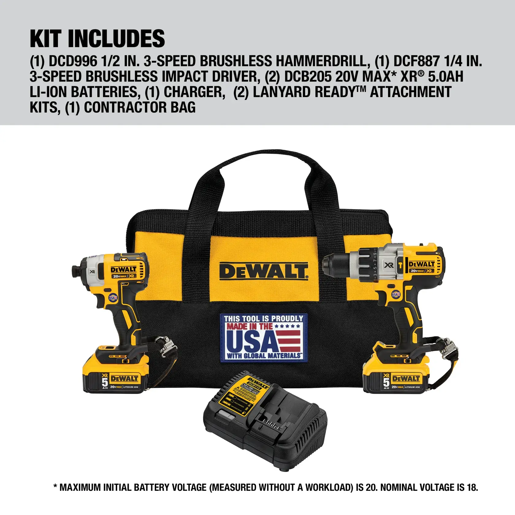 DEWALT® 20V MAX* Cordless Brushless XR Hammerdrill & Impact Driver Combo Kit (5.0AH)