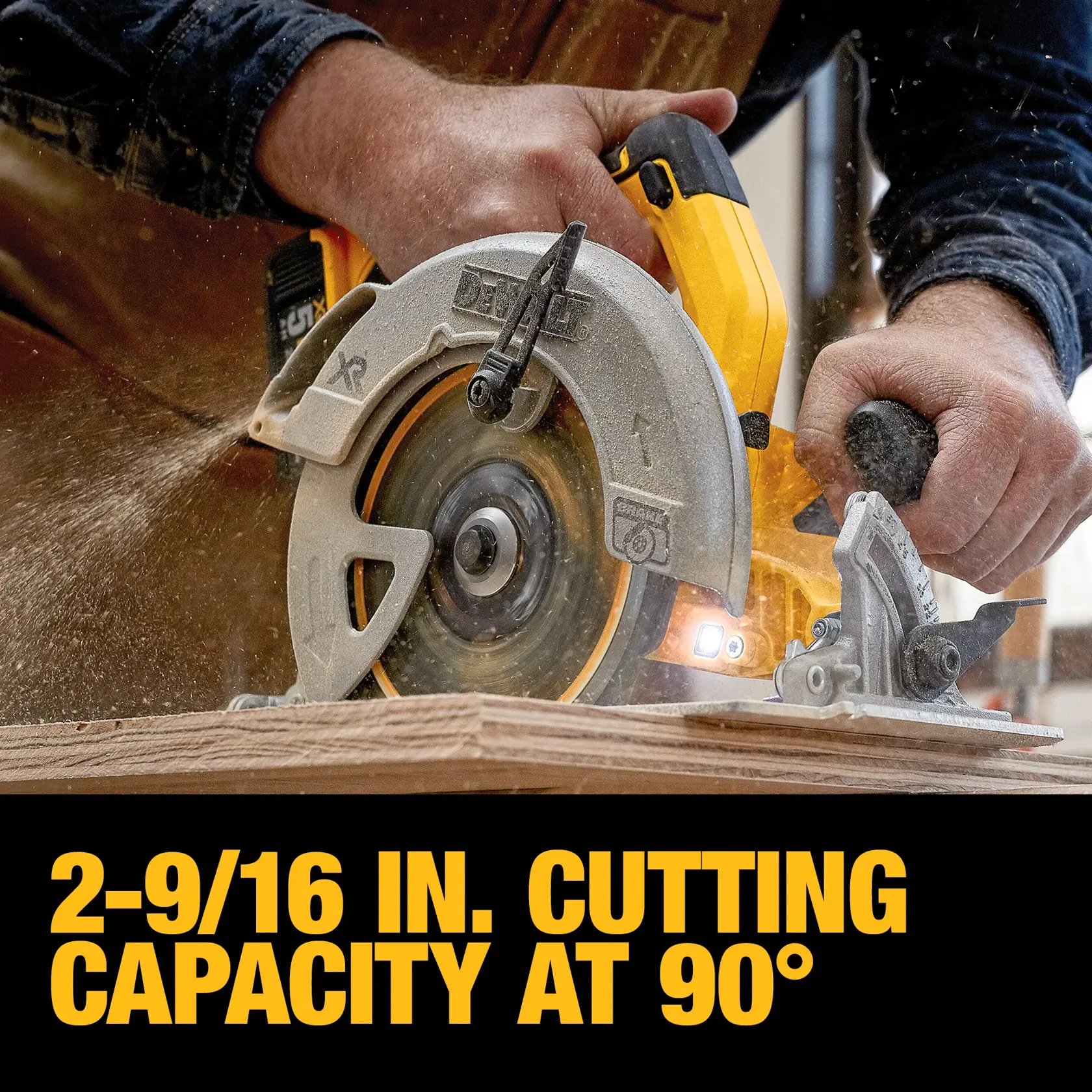 A close-up of a person using a DEWALT circular saw to cut through a piece of wood, with the text '2-9/16 in. cutting capacity at 90°' displayed at the bottom.
