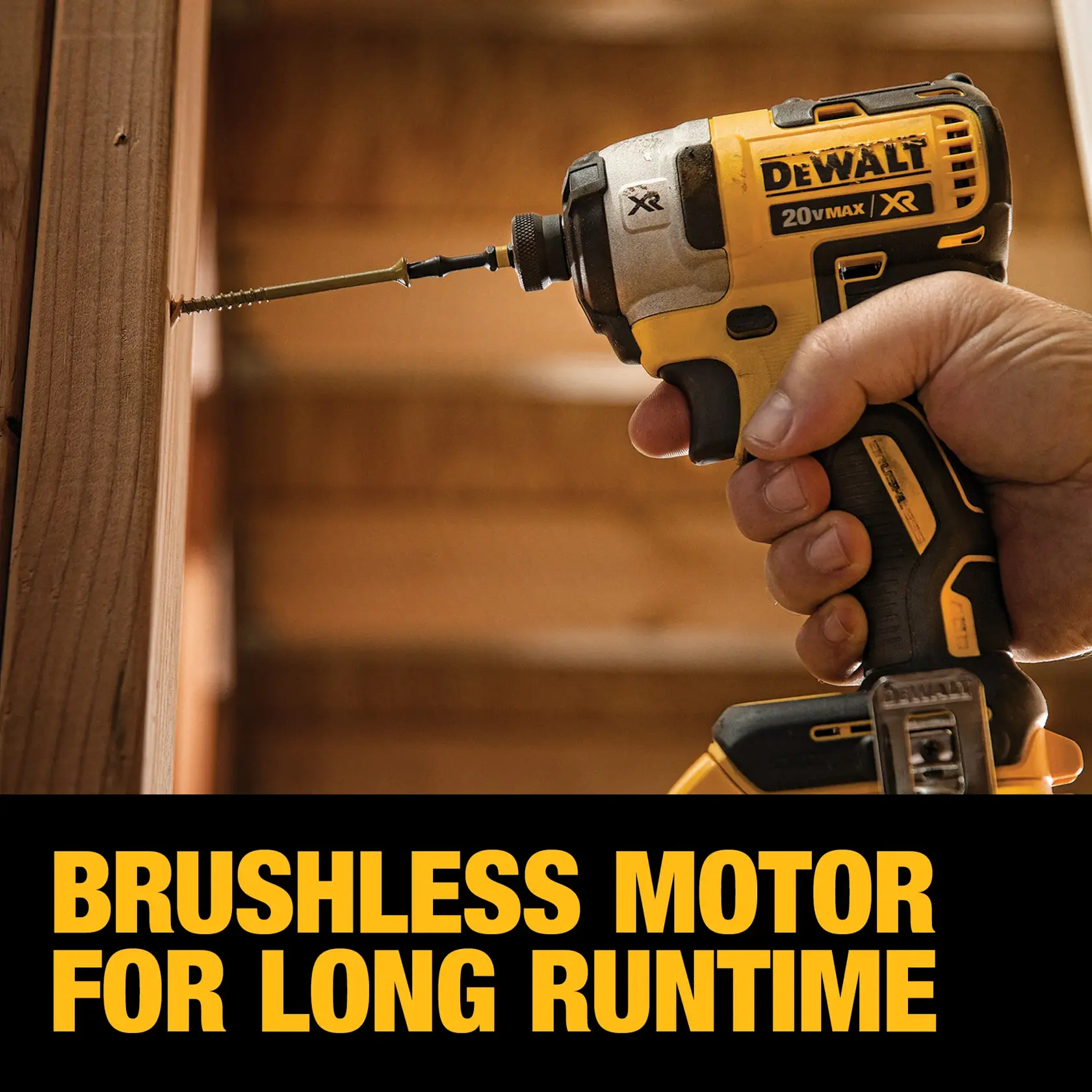 A hand holding a DEWALT 20V MAX XR cordless impact driver is driving a screw into a wooden board. The text on the image reads: 'Brushless motor for long runtime.'