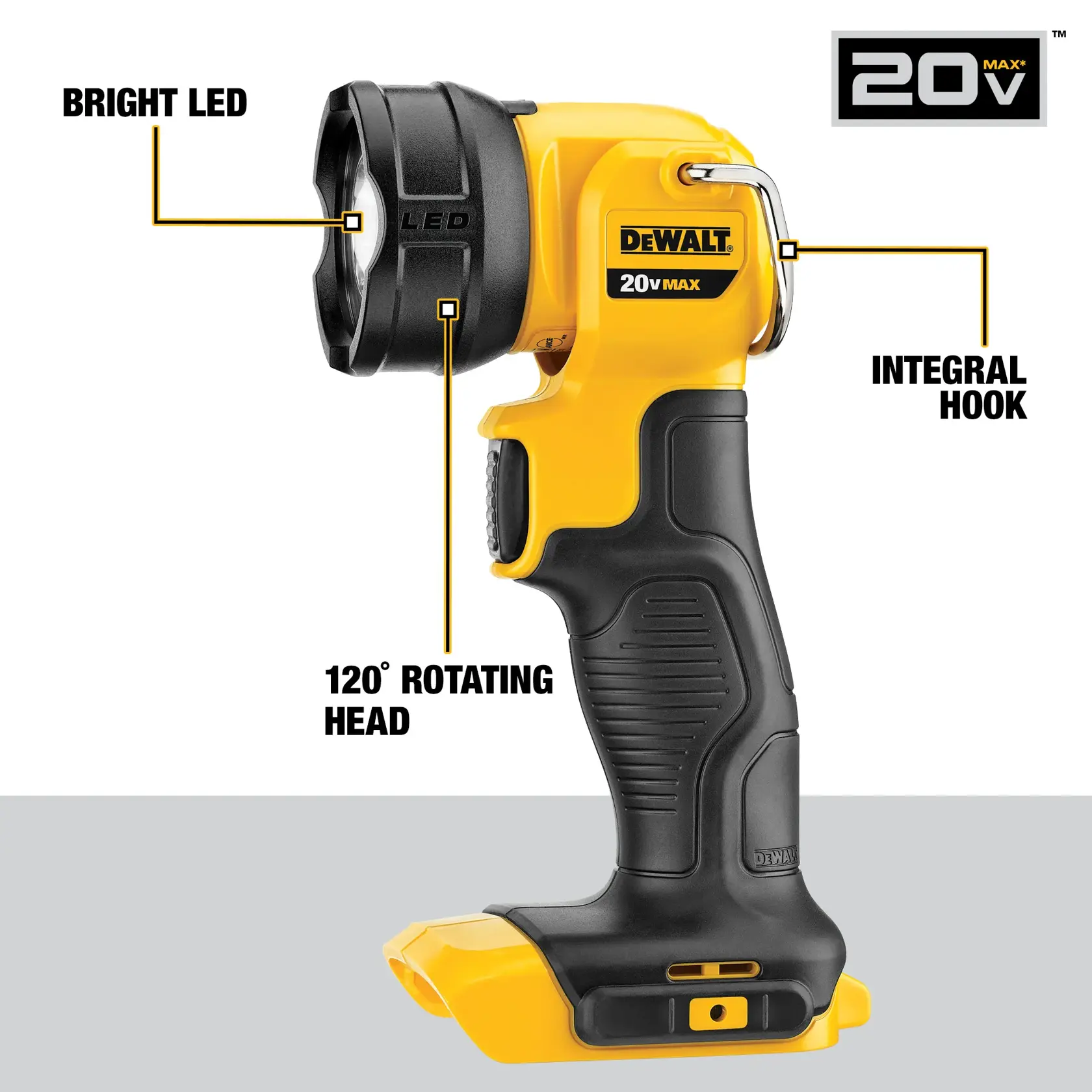 A DEWALT 20V MAX cordless LED work light is shown. Key features are labeled, including a bright LED bulb, a 120-degree rotating head, and an integral hook for hanging. The tool is yellow and black in color.