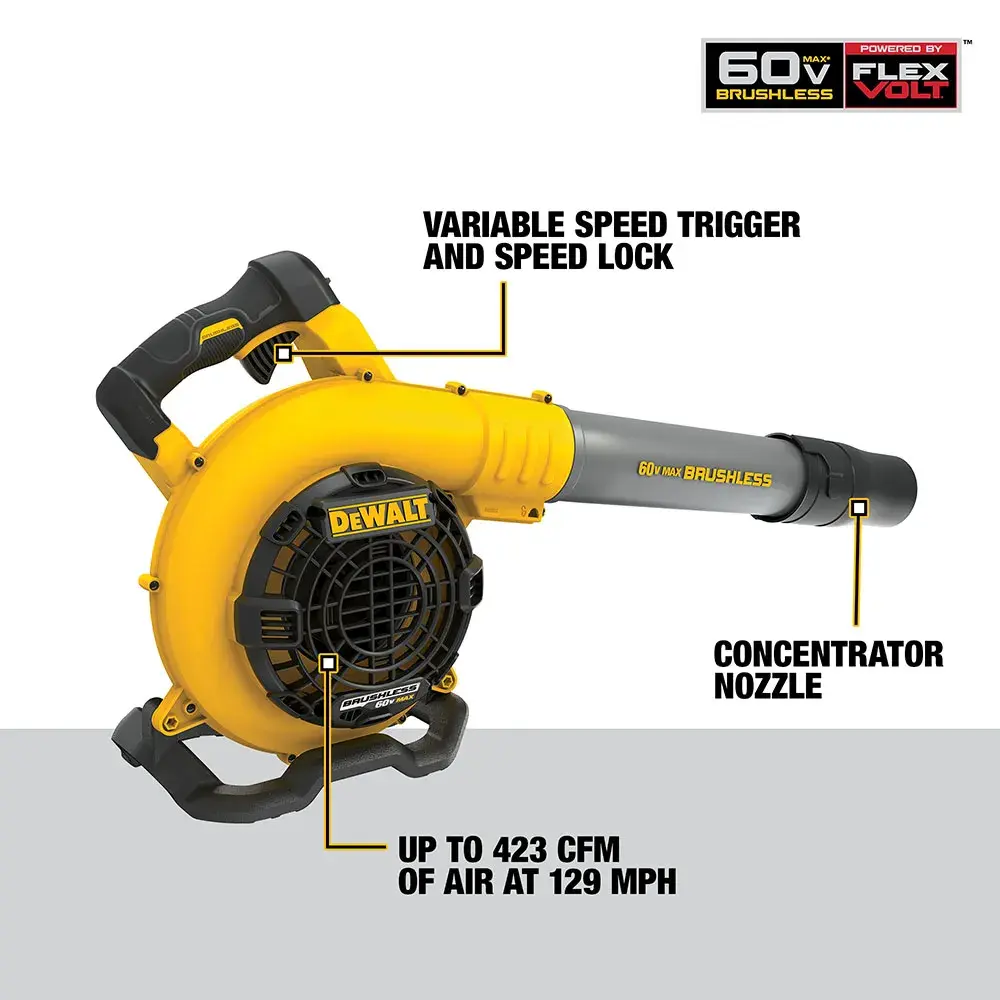 Image of a DEWALT 60V FLEXVOLT brushless leaf blower, showing features such as a variable speed trigger and speed lock, concentrator nozzle, and airflow up to 423 CFM at 129 MPH.