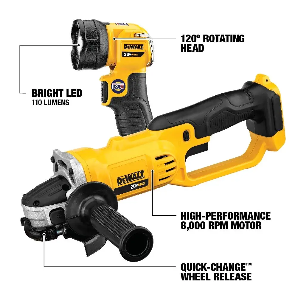 DEWALT cordless tool with LED, 120° rotating head, quick-change wheel, and 8,000 RPM motor. Yellow and black.