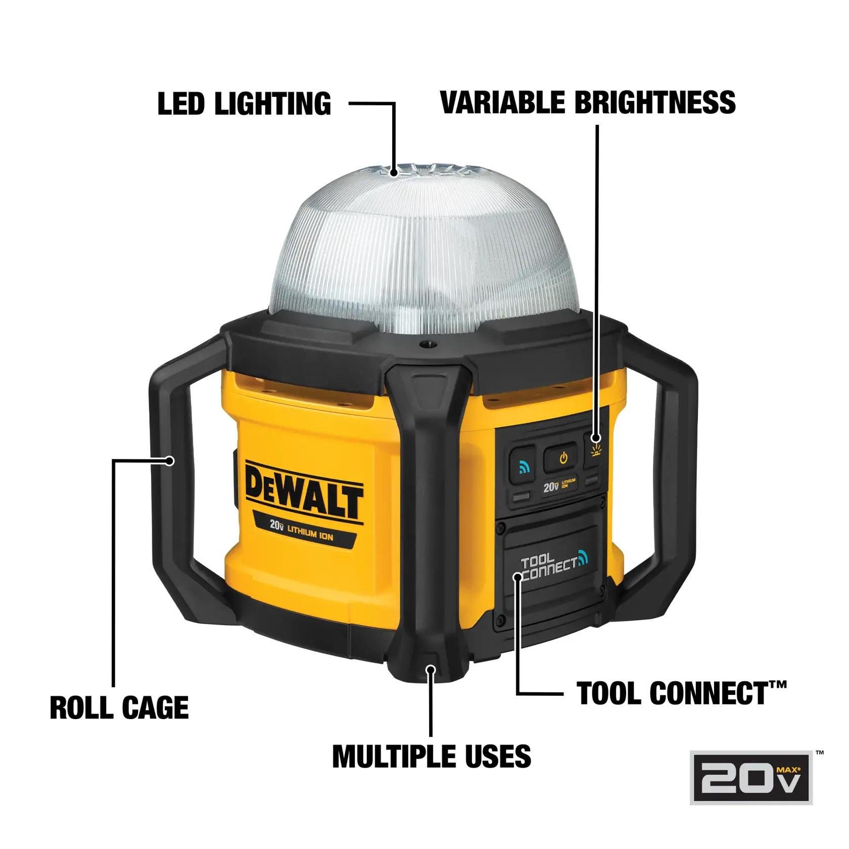 A construction worker wearing a safety vest and helmet is standing on a ladder, installing wiring on a concrete ceiling in an unfinished building. A DEWALT work light model DCL074 is positioned on a tripod, illuminating the workspace.