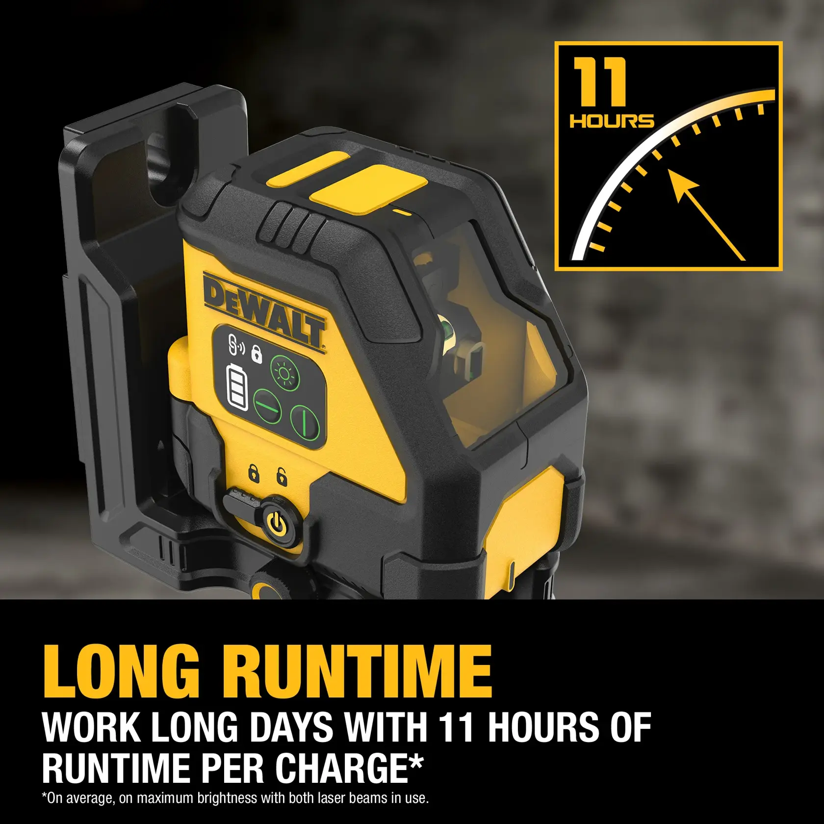 DEWALT branded laser level device shown in close-up, with a graphic indicating 11 hours of runtime per charge. Bold text highlights 'Long Runtime' and states the device can work for 11 hours per charge, suitable for long workdays.