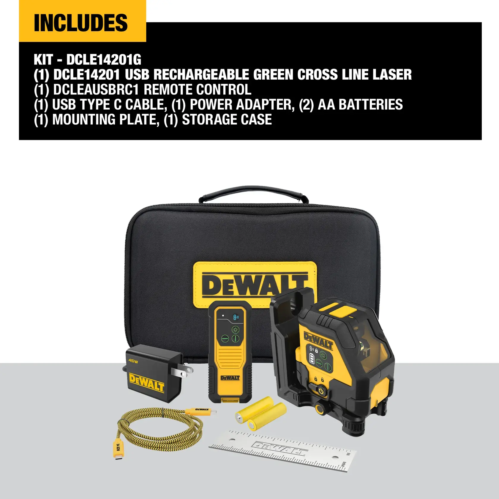 DEWALT DCLE14201G kit contents displayed, including a USB rechargeable green cross line laser, remote control, USB Type C cable, power adapter, two AA batteries, mounting plate, measuring ruler, and a black storage case with a DEWALT logo.