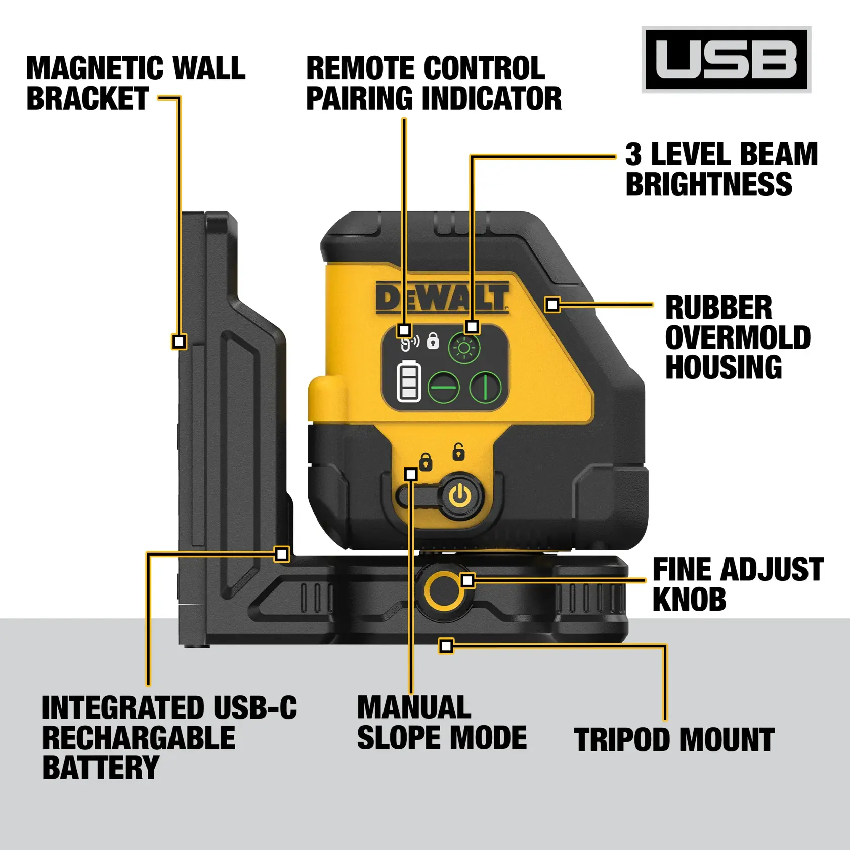 Image of a DEWALT laser level device with feature labels. Shown are a magnetic wall bracket, remote control pairing indicator, 3 level beam brightness, rubber overmold housing, integrated USB-C rechargeable battery, manual slope mode, fine adjust knob, and tripod mount.