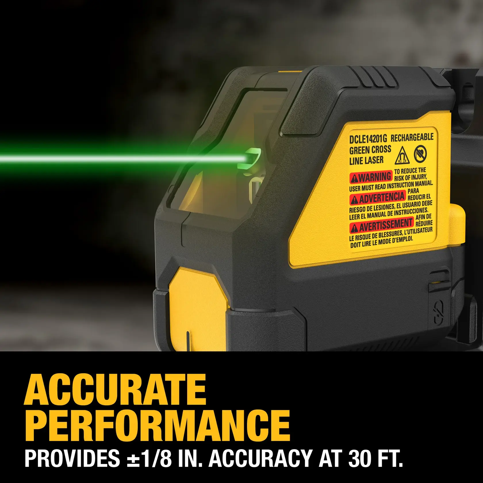 Close-up image of a DEWALT DCLE14201G rechargeable green cross line laser tool in action, emitting a bright green laser beam. The device features a yellow and black design with warning labels visible. Text overlay at the bottom reads: 'Accurate performance provides ±1/8 in. accuracy at 30 ft.'