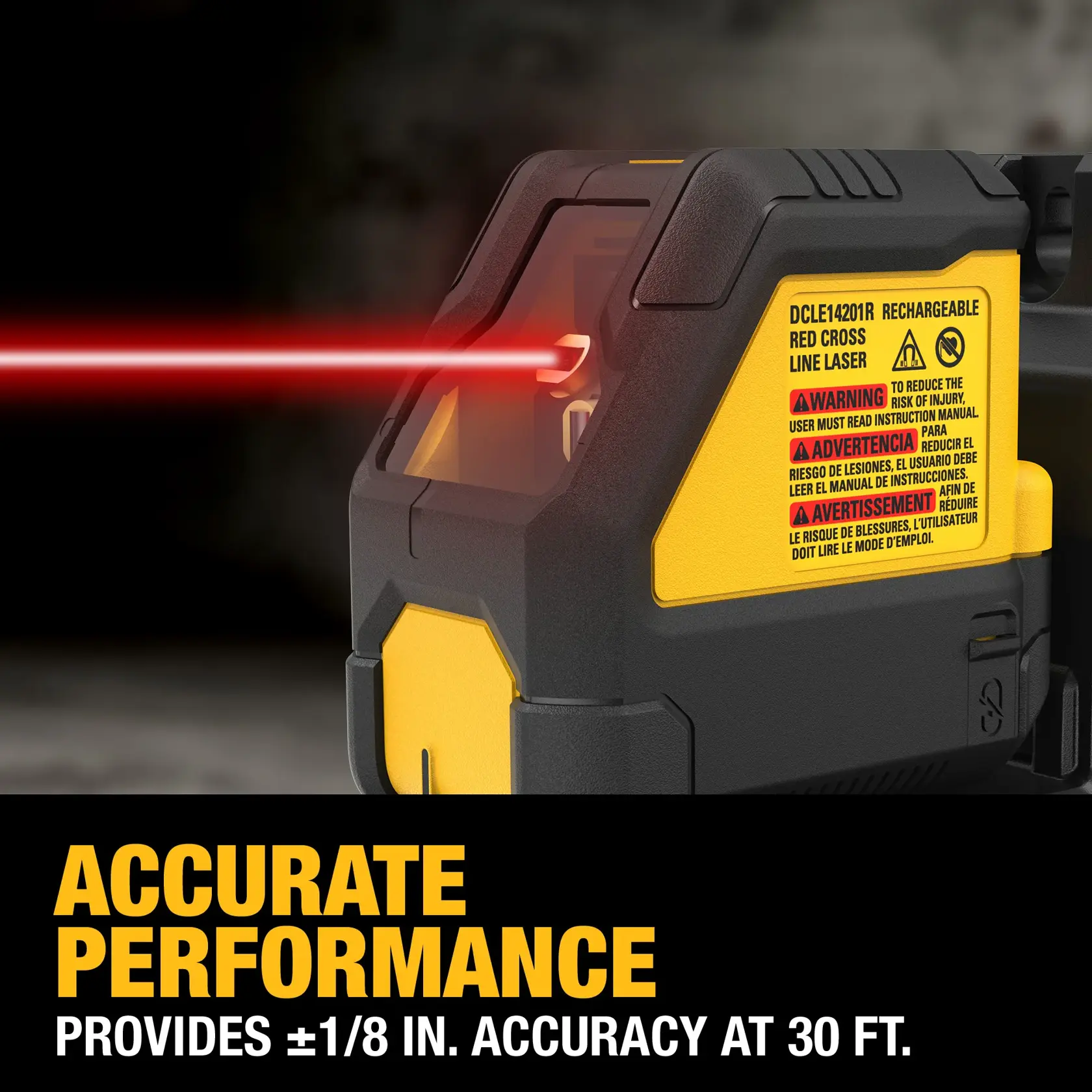 DEWALT DCLE14201RB rechargeable red cross line laser tool emitting a red laser beam, shown with warning label and text highlighting its accurate performance with ±1/8 inch accuracy at 30 feet.