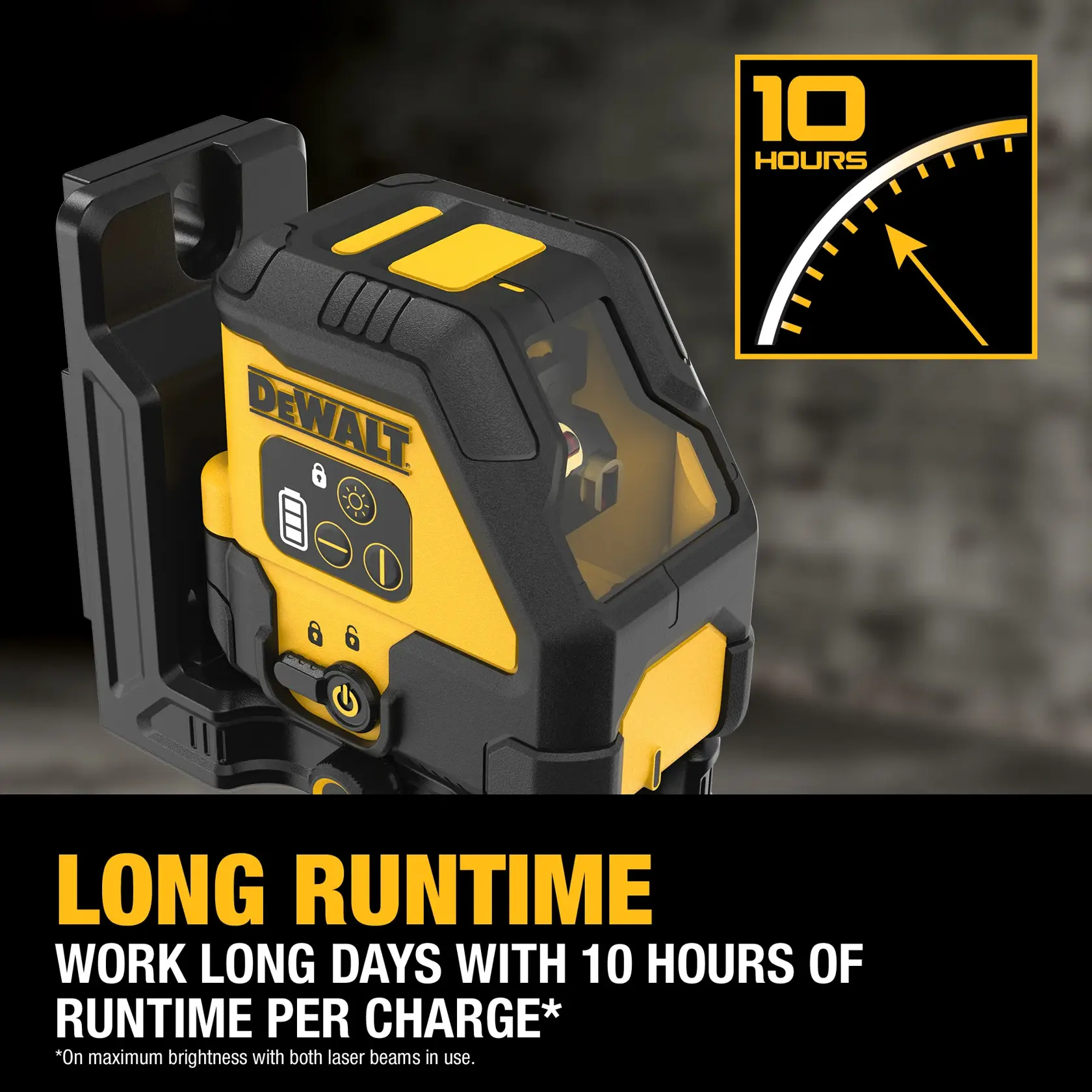 DEWALT laser level device shown with a highlighted feature of 10 hours runtime per charge. The image displays the product with yellow and black details, control buttons, and a graphic indicating '10 hours' long runtime. Text below emphasizes working long days with extended battery life.