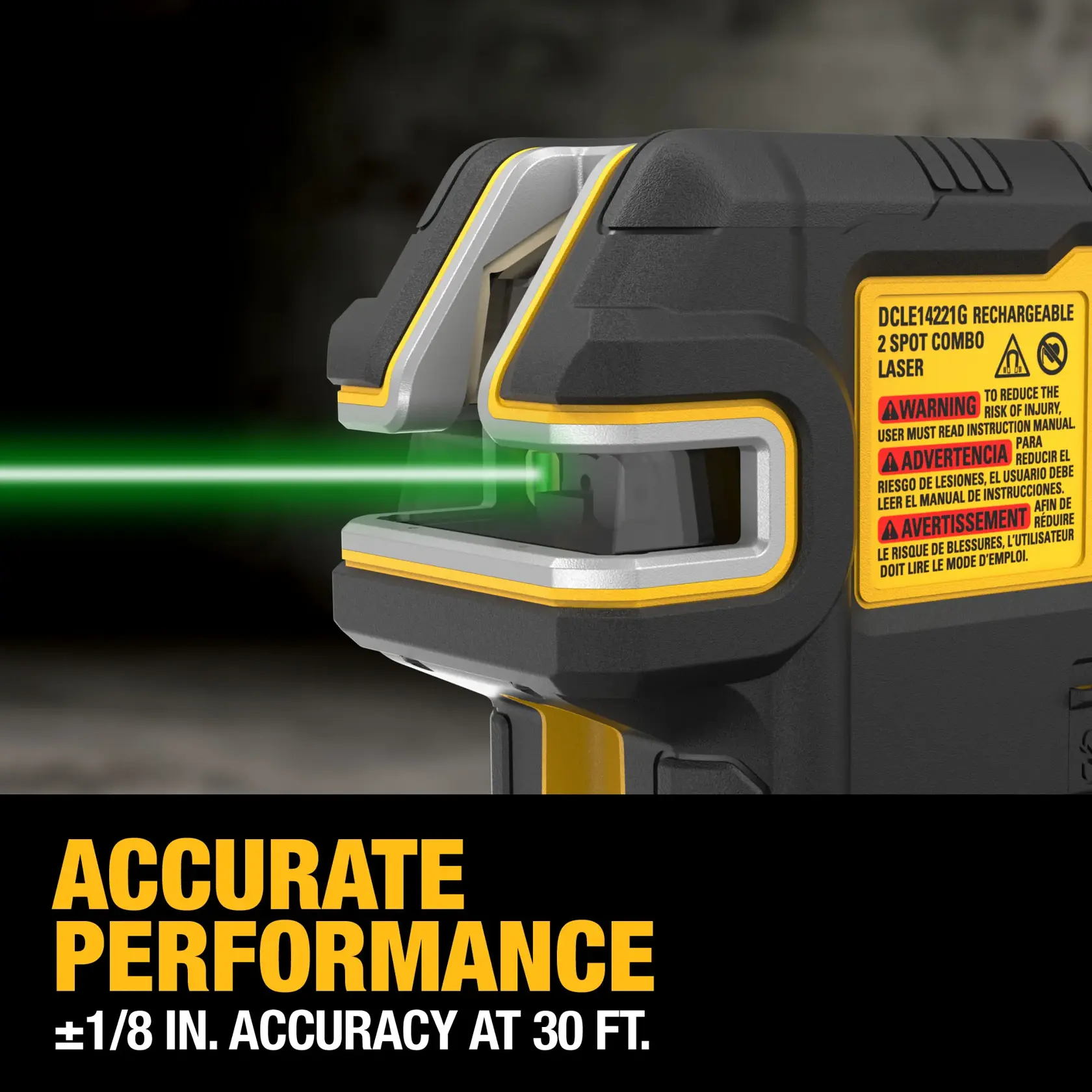 Close-up of a DEWALT DCLE14221GB rechargeable 2 spot combo laser level, emitting a green laser line. The device has warning and product information labels. Text on image reads: 'Accurate performance ±1/8 in. accuracy at 30 ft.'