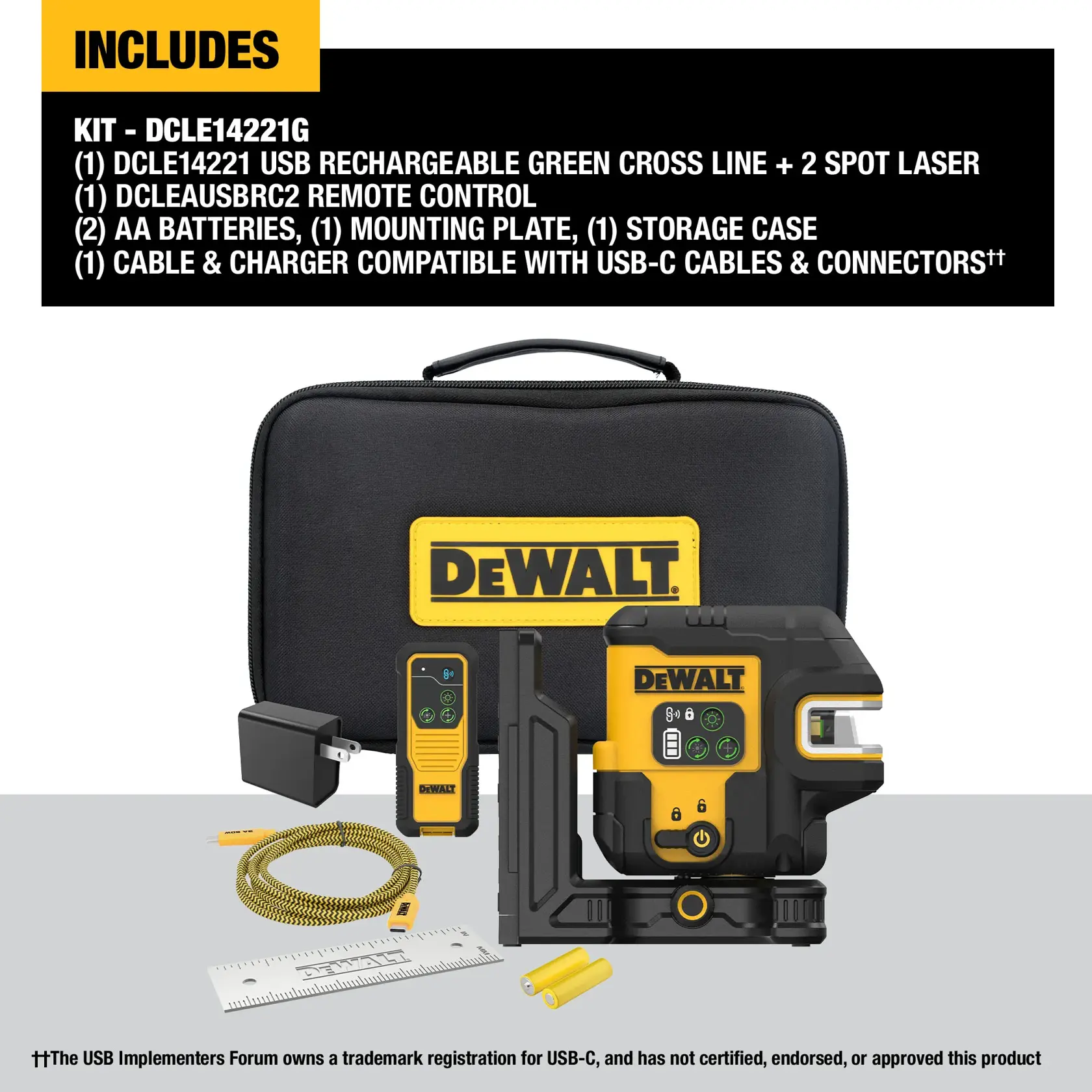 DEWALT DCLE14221G kit image showing included items: a DCLE14221 USB rechargeable green cross line and 2 spot laser device, a DCLEAUSBRC2 remote control, two AA batteries, a mounting plate, a storage case with DEWALT branding, a USB-C compatible cable and charger, and a ruler.
