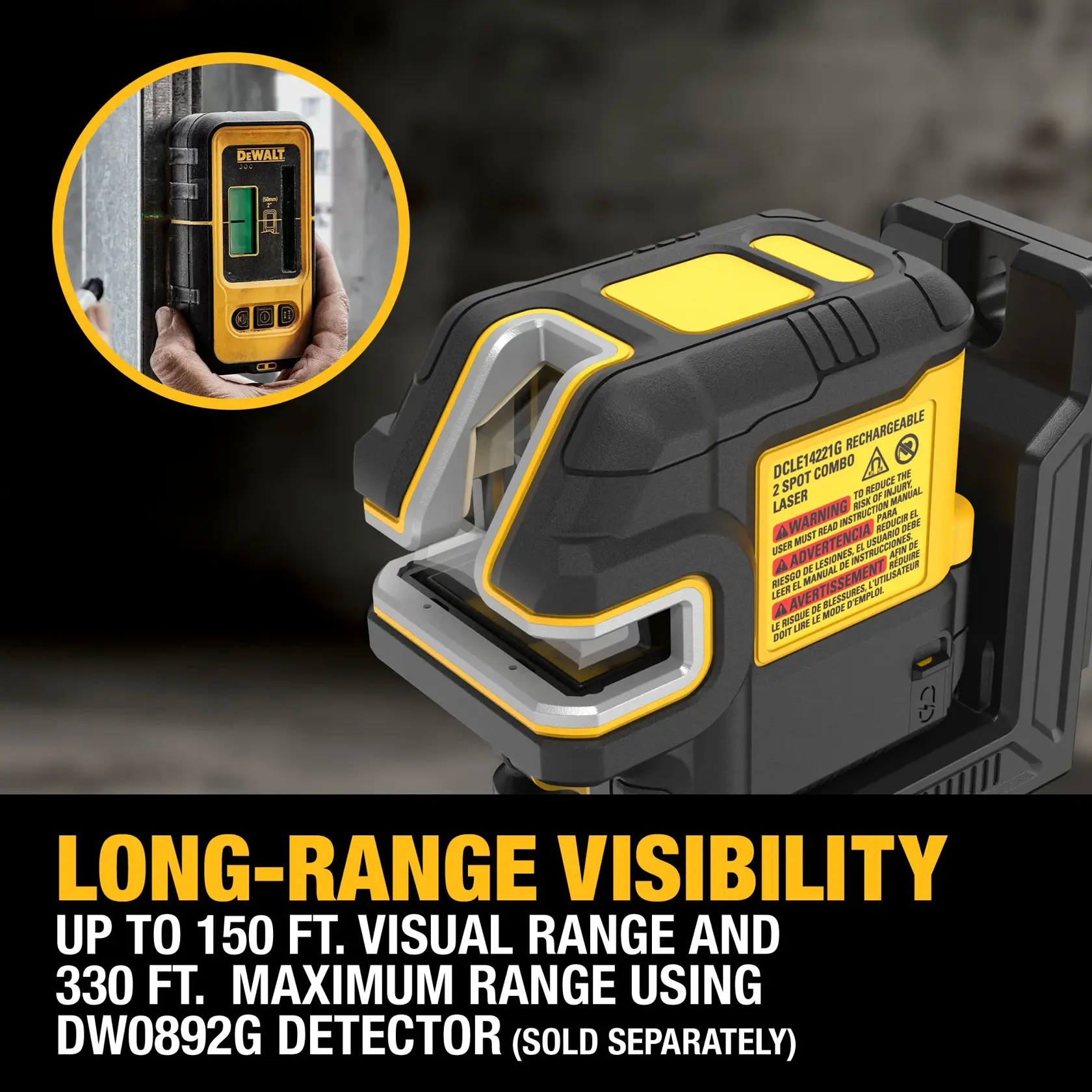 A DEWALT DCLE14221G rechargeable laser level device shown in close-up, with a circular inset displaying a hand holding a DEWALT DW0892G detector against a metal surface. Text on the image highlights long-range visibility: up to 150 ft. visual range and 330 ft. maximum range with DW0892G detector (sold separately).