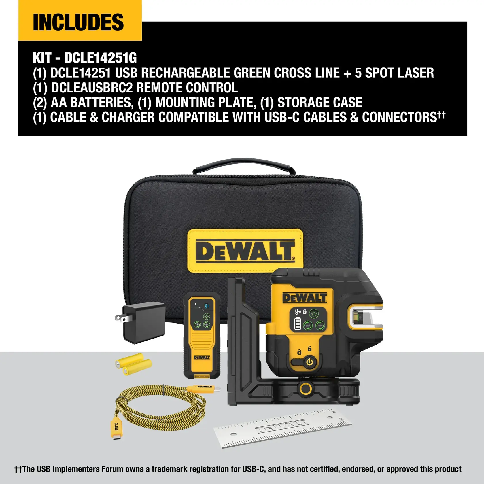 DEWALT DCLE14251G kit including USB rechargeable green cross line and 5 spot laser device, remote control, two AA batteries, mounting plate, storage case, USB-C compatible cable and charger, displayed with all accessories and carrying case.