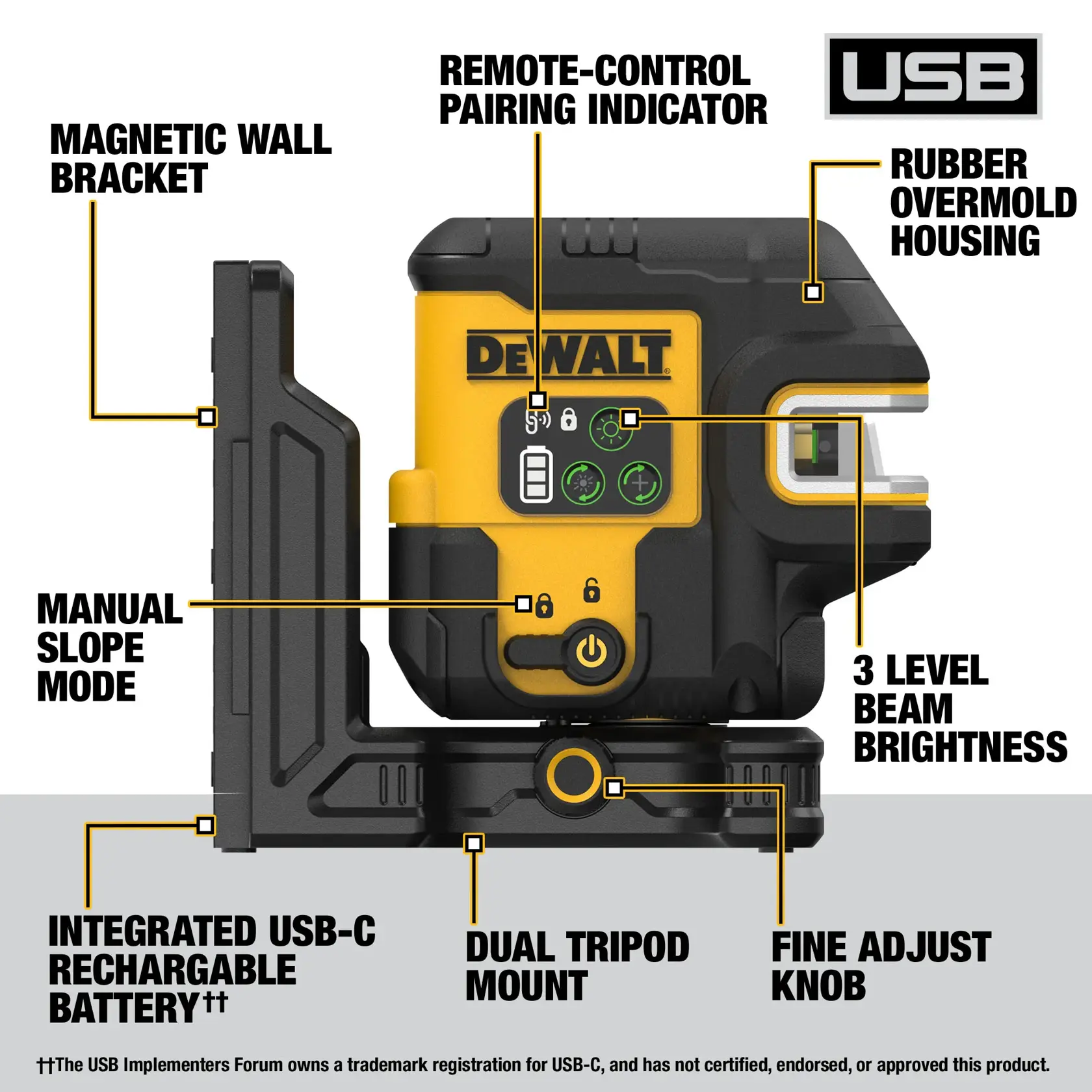 Image of a DEWALT laser level device, model DCLE14251G, with labeled features. The features include a magnetic wall bracket, manual slope mode, integrated USB-C rechargeable battery, dual tripod mount, fine adjust knob, 3 level beam brightness, rubber overmold housing, and a remote-control pairing indicator.
