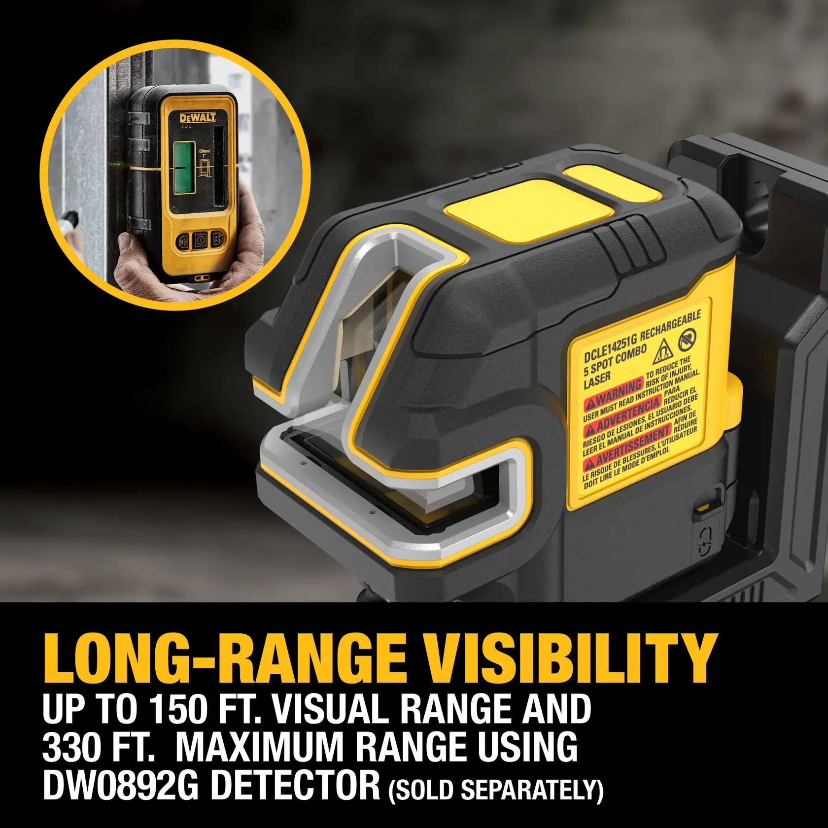 DEWALT DCLE14251G 5 Spot Combo Laser with yellow and black design shown up close. Inset image displays a DEWALT detector being used on a metal beam. Text describes long-range visibility: up to 150 ft. visual range and up to 330 ft. maximum range with DW0892G detector (sold separately).