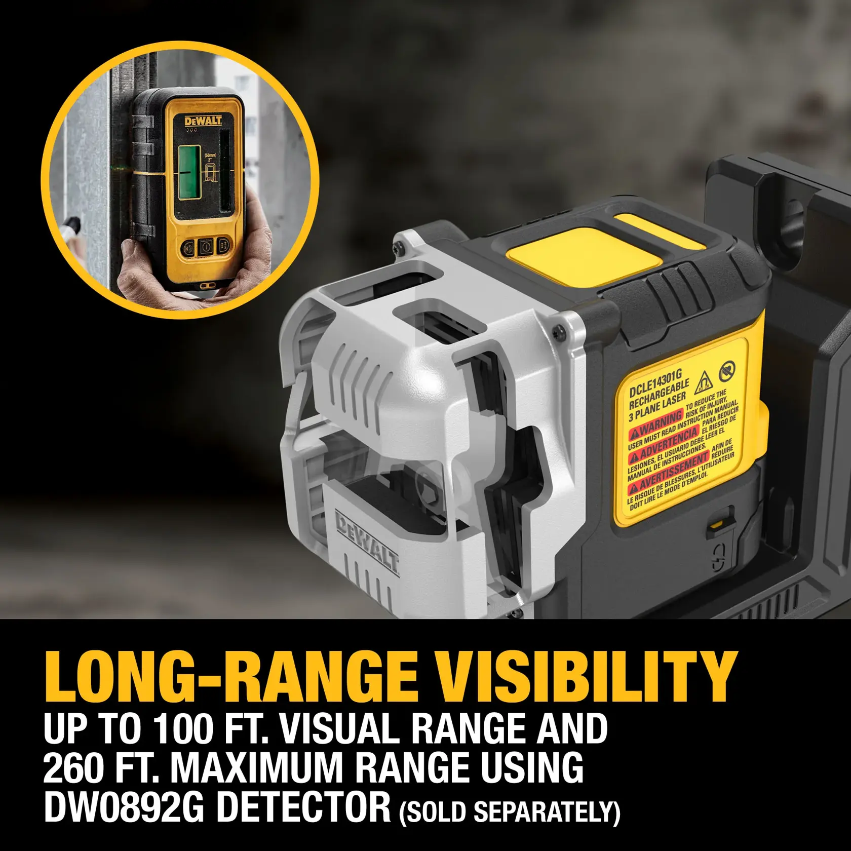 Carousel graphic of the long range visibility on the USB Rechargeable Green 3X180° Line Laser Kit