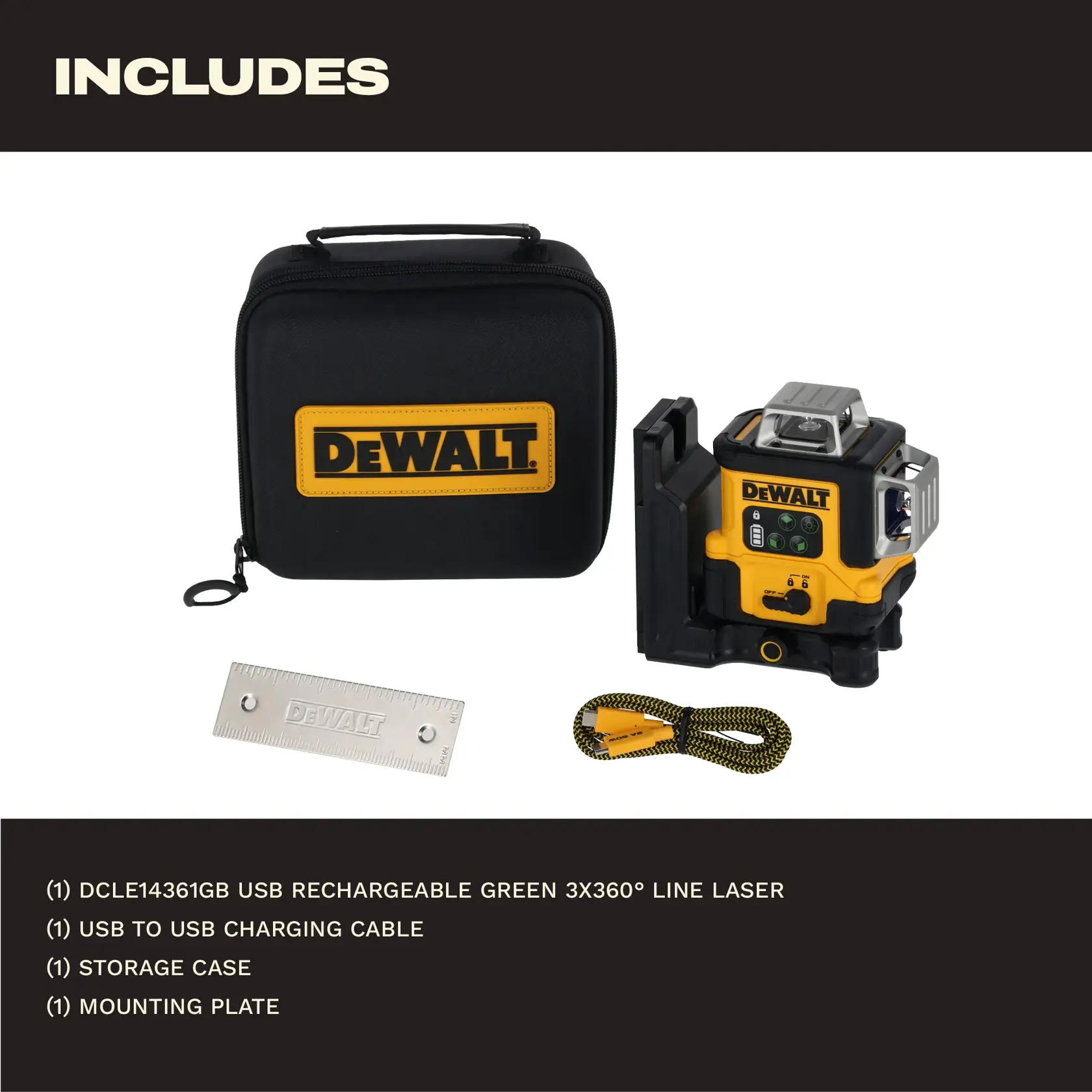 A DEWALT branded kit including a USB rechargeable green 3x360° line laser (model DCLE14361GB), a storage case with DEWALT logo, a USB charging cable, and a mounting plate. The items are displayed neatly with product details listed below.