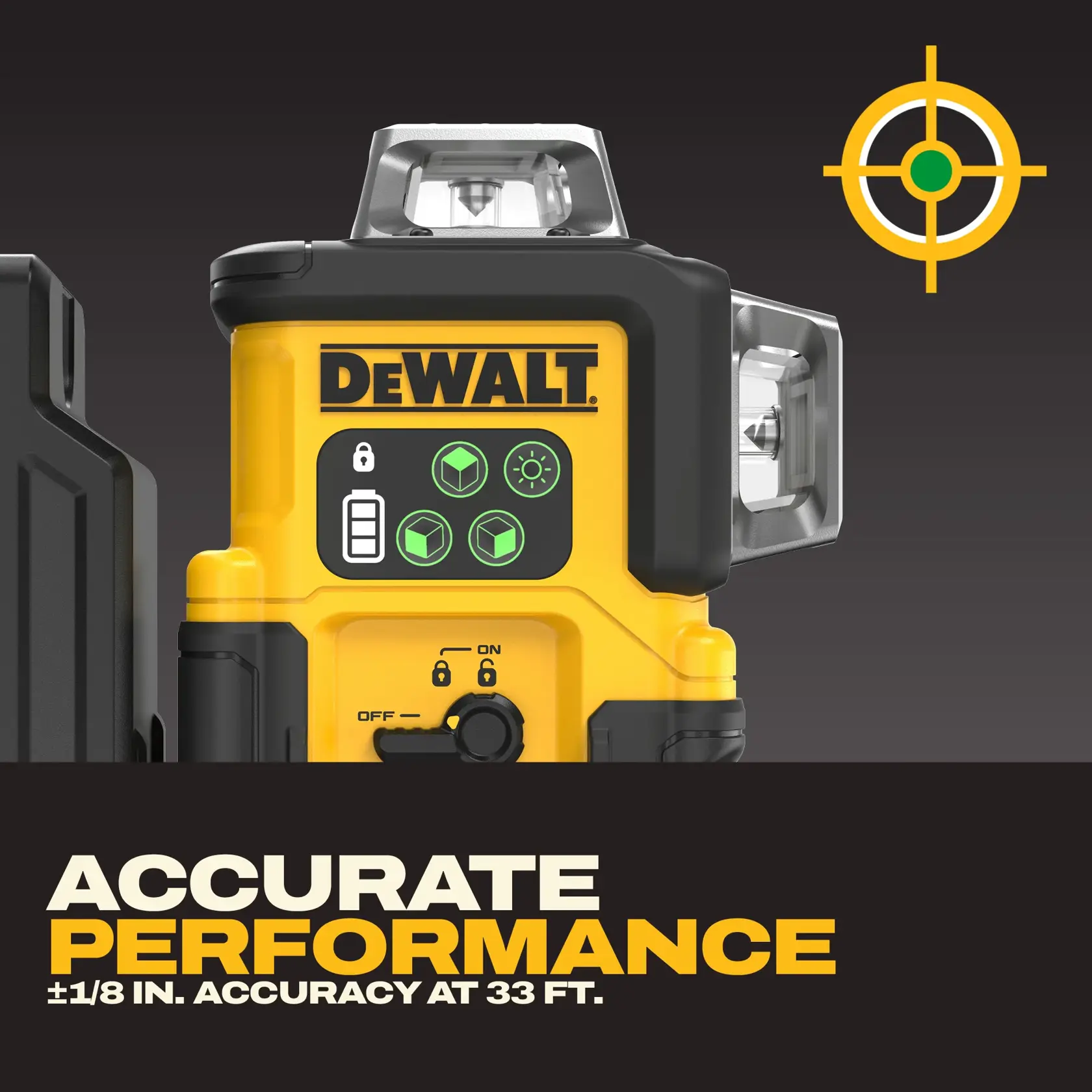 Close-up of a DEWALT branded yellow and black laser level device with three illuminated control buttons and a battery indicator. The graphic includes a yellow target icon and the text 'Accurate Performance ±1/8 in. Accuracy at 33 ft.'
