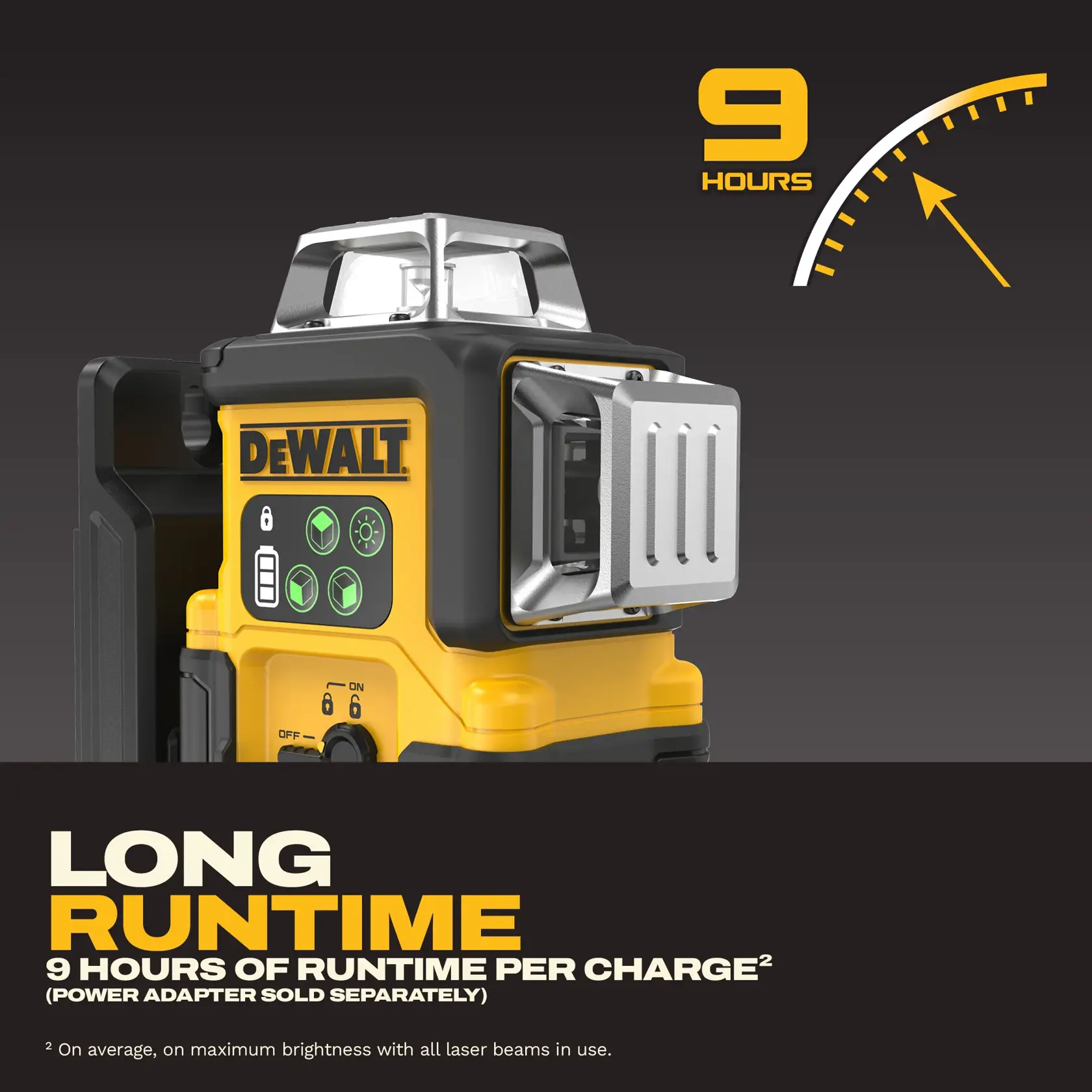 Close-up view of a DEWALT branded device with control buttons and a screen, highlighted with text claiming a long runtime of 9 hours per charge. The text indicates the power adapter is sold separately and that the runtime is based on maximum brightness usage.
