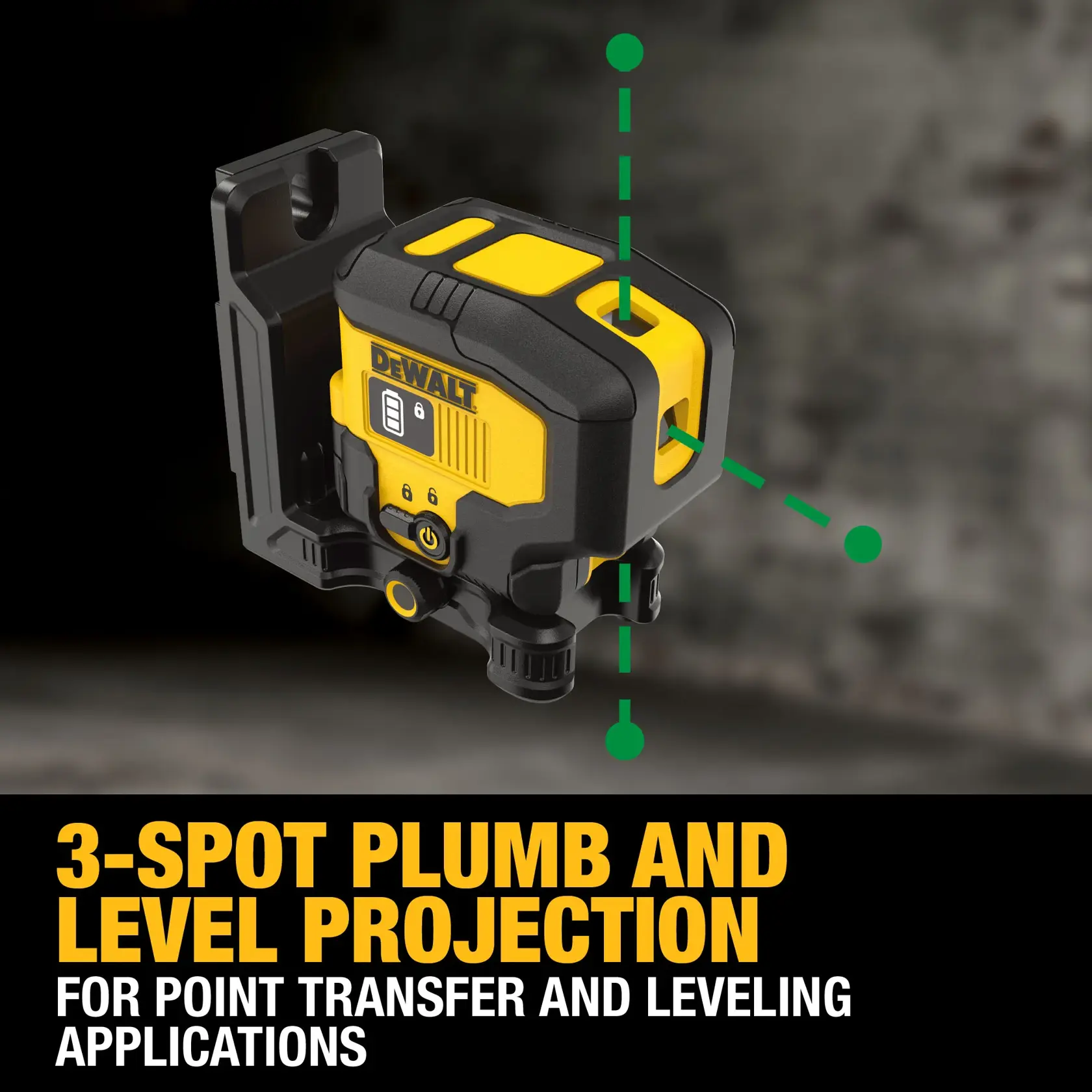 Carousel graphic of 3-Spot Plumb And Level Projection on the USB Rechargeable Green 3 Spot Laser