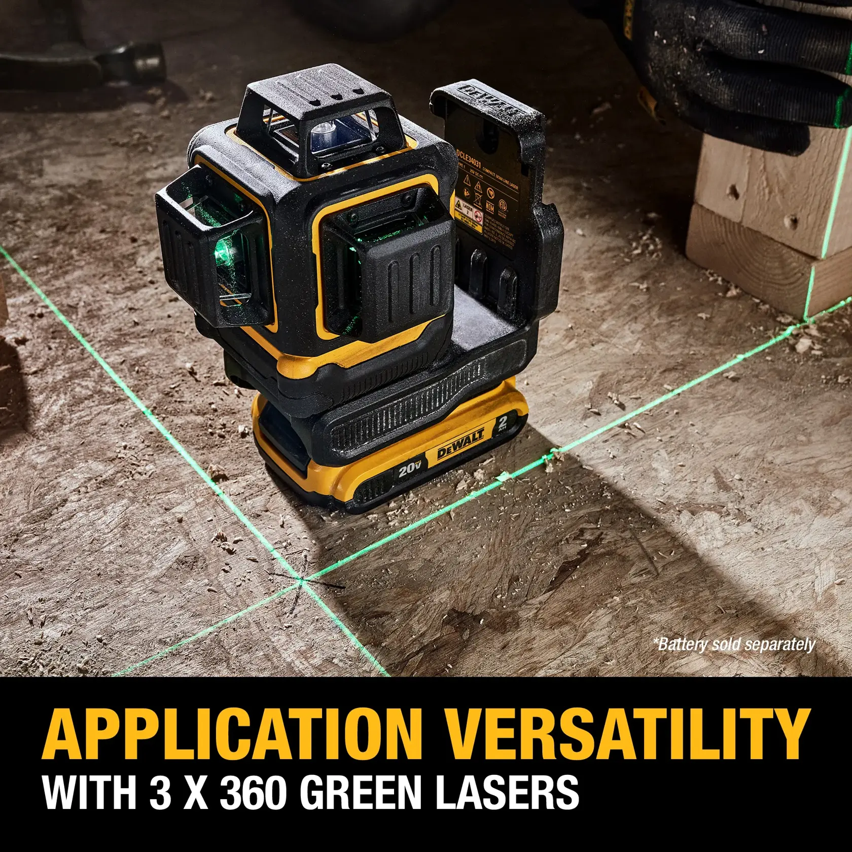 DEWALT 20V MAX 3x360 Green Line Laser mounted on metal beam