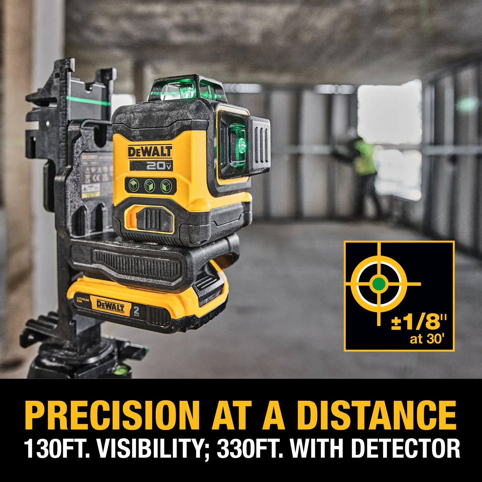 DEWALT 20V MAX 3x360 Green Line Laser mounted on metal beam