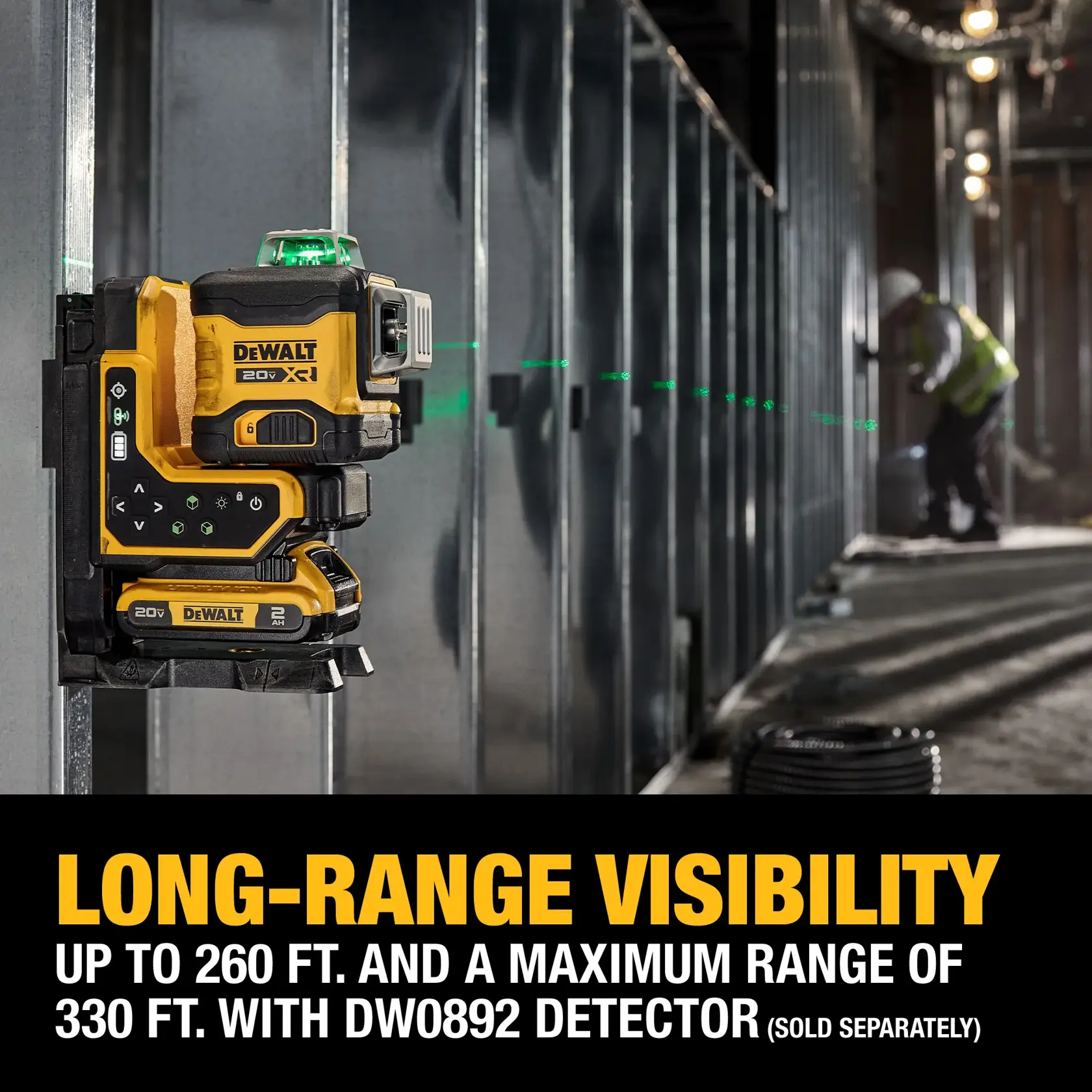 20V MAX* XR® Remote Control 360º Line Laser Kit carousel graphic of Long-Range Visibility