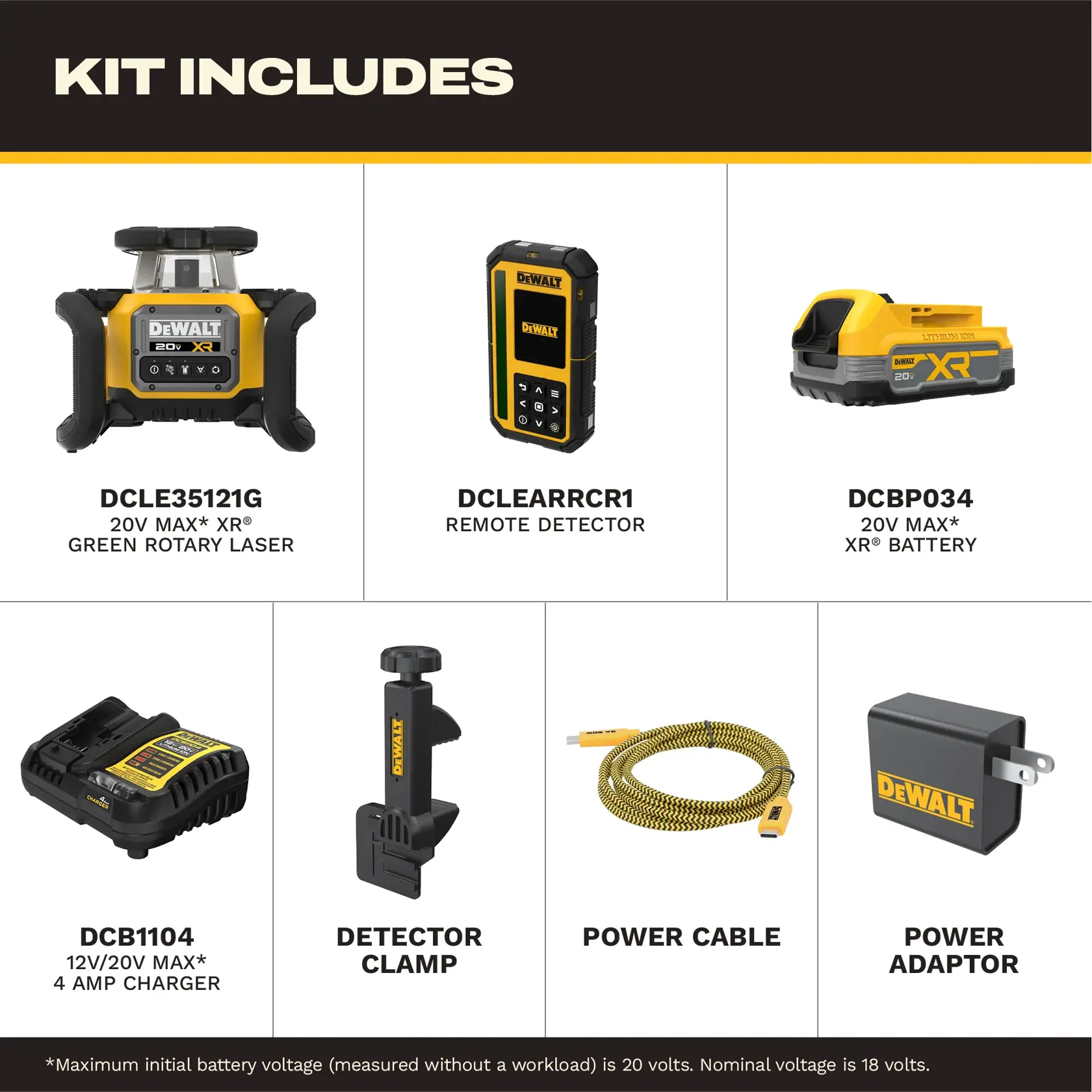 Graphic showing the contents of a DEWALT kit, including a 20V MAX XR green rotary laser (DCLE35121G), a remote detector (DCLEARRCR1), a 20V MAX XR battery (DCBP034), a 12V/20V MAX 4 amp charger (DCB1104), a detector clamp, a power cable, and a power adaptor.