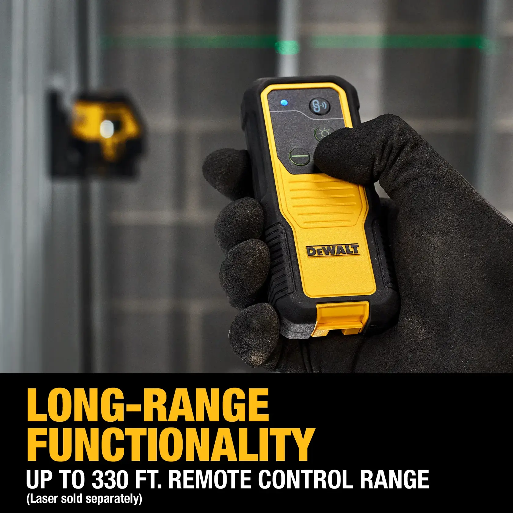 Long-Rage Functionality graphic of the Bluetooth Remote Control for USB DEWALT® Green Cross Line Laser DCLE14201G/GB