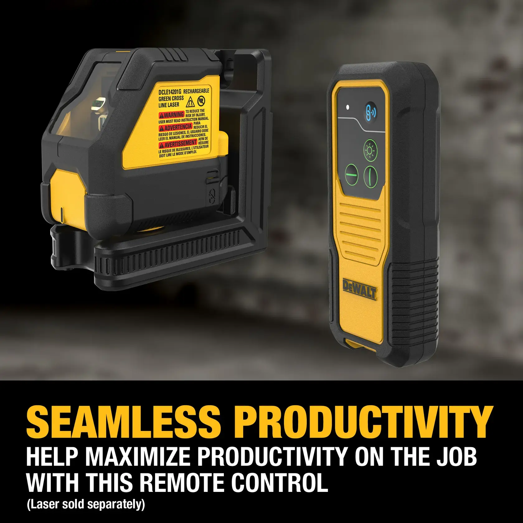 Seamless Productivity graphic of the Bluetooth Remote Control for USB DEWALT® Green Cross Line Laser DCLE14201G/GB