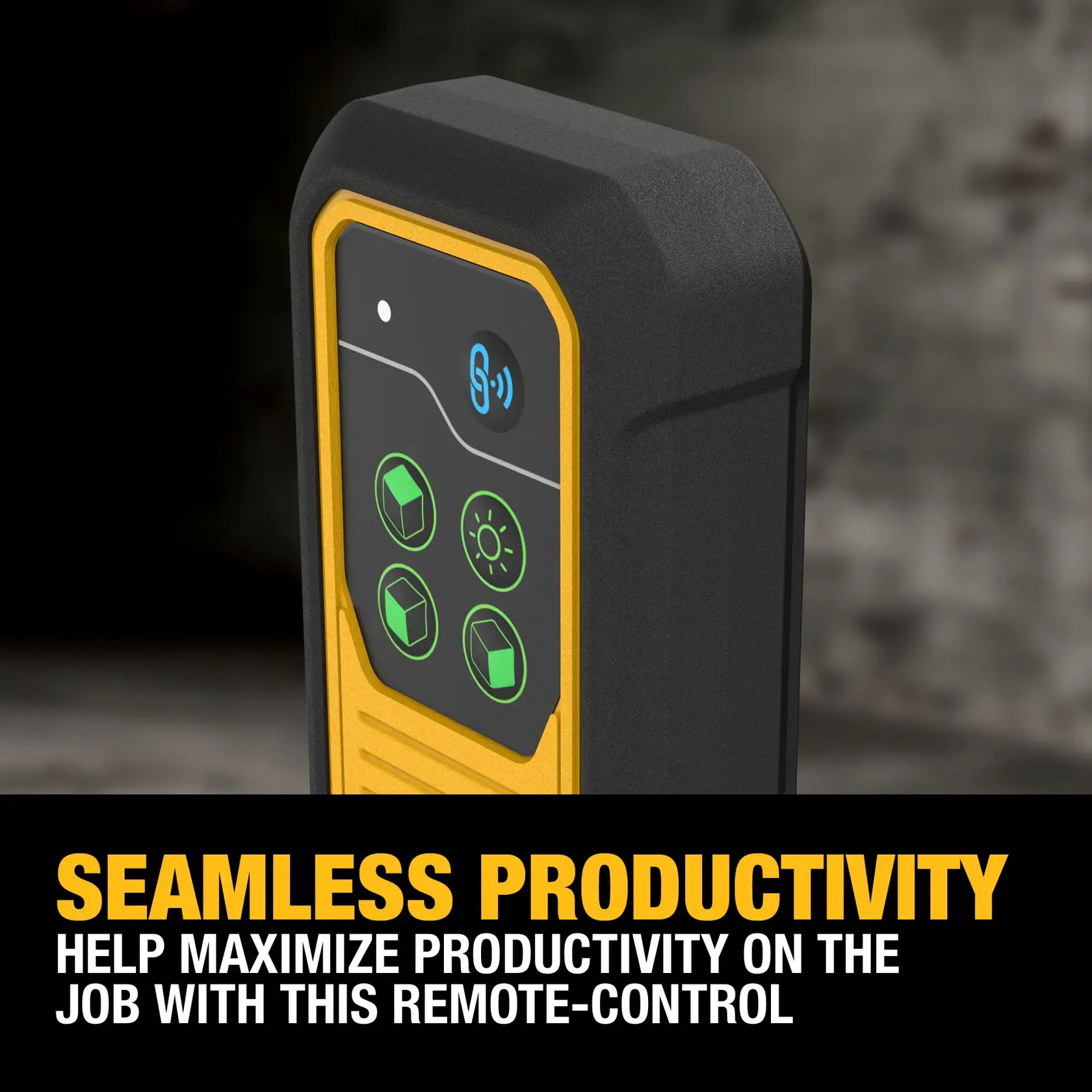 Close-up of a DEWALT remote-control device with a black and yellow design, featuring four green illuminated buttons and connectivity indicator, with the text 'Seamless Productivity - Help maximize productivity on the job with this remote-control' displayed below.