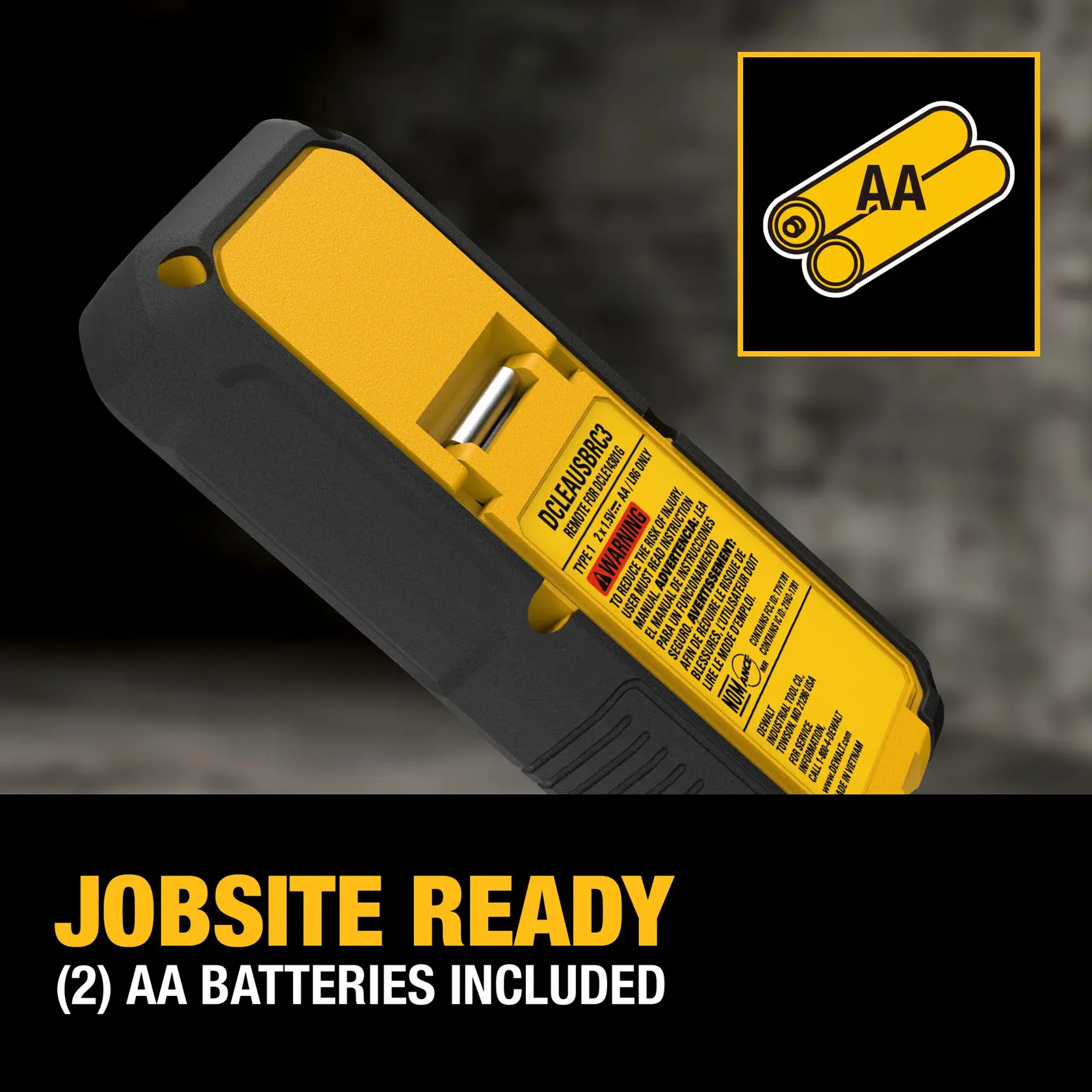 DEWALT DCLEAUSBRC3 device showing battery compartment with AA batteries, accompanied by a graphic of two AA batteries and text stating 'Jobsite Ready (2) AA batteries included.'