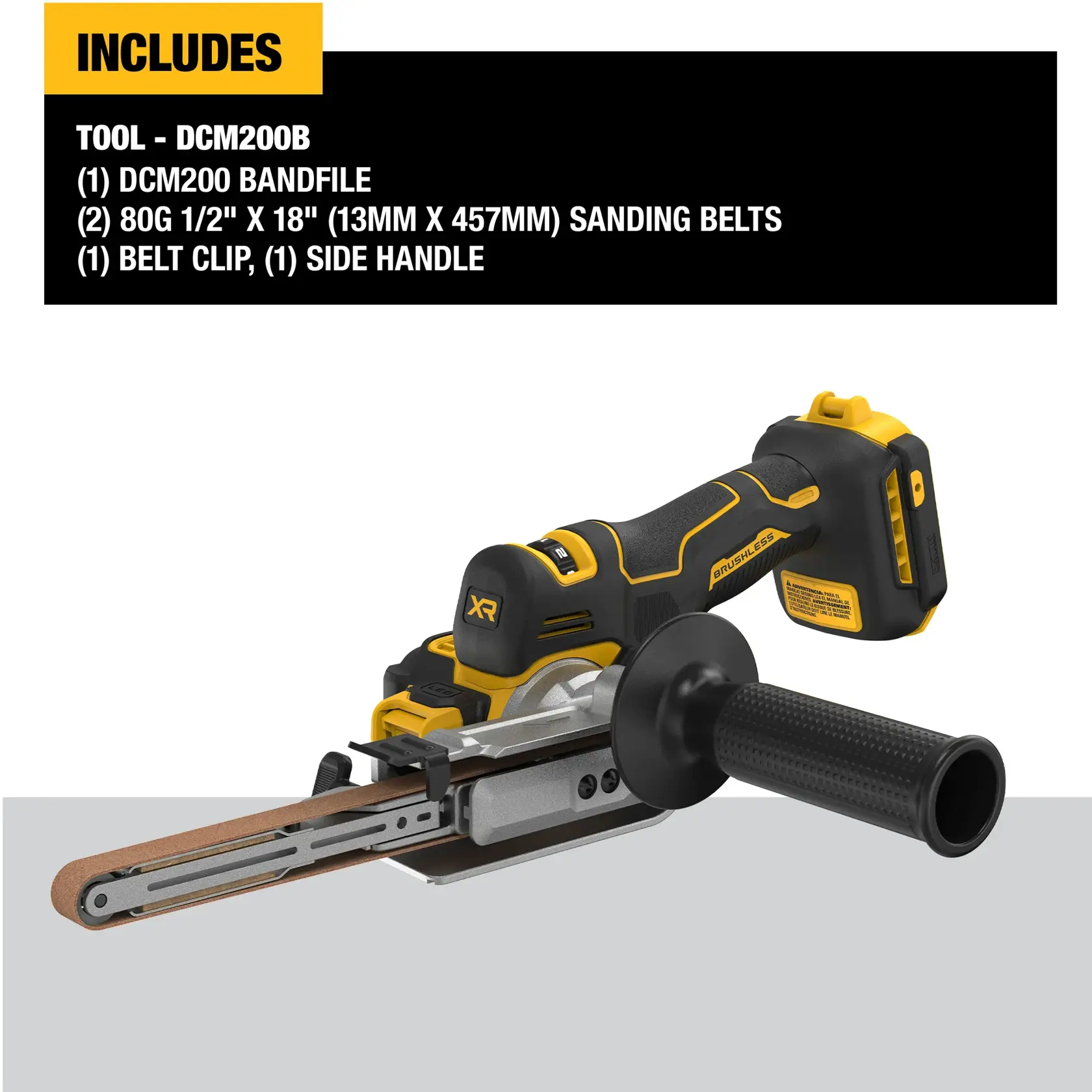 Image of DEWALT 18 inch Bandfile with POWERSTACK Battery on white background detailing what the kit includes. 